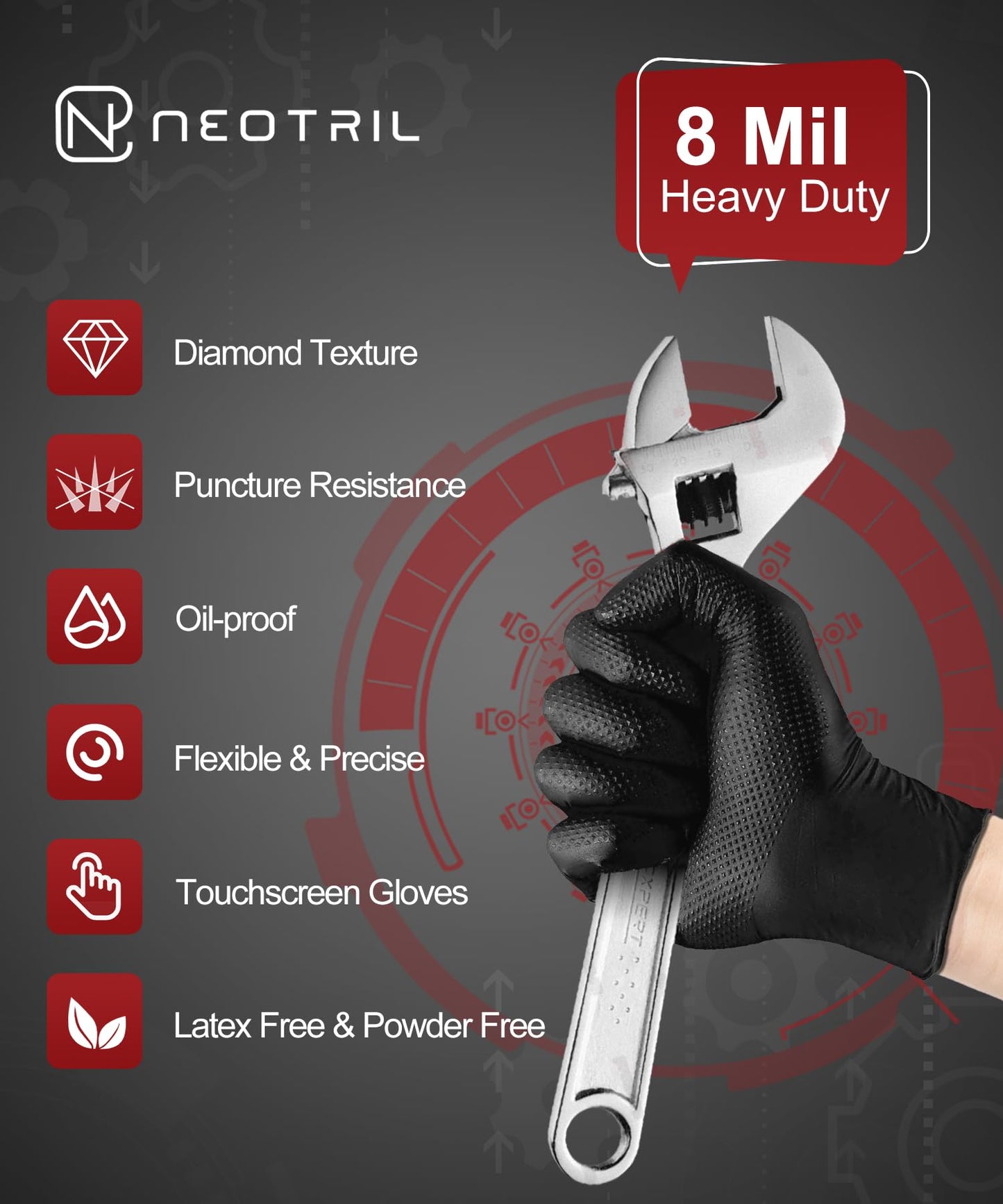 NEOTRIL 8 Mil Heavy Duty Disposable Nitrile Gloves with Raised Diamond Texture Grip Rubber Gloves, Latex & Powder Free Mechanic Gloves for Household Cleaning, Black | 50 Pcs