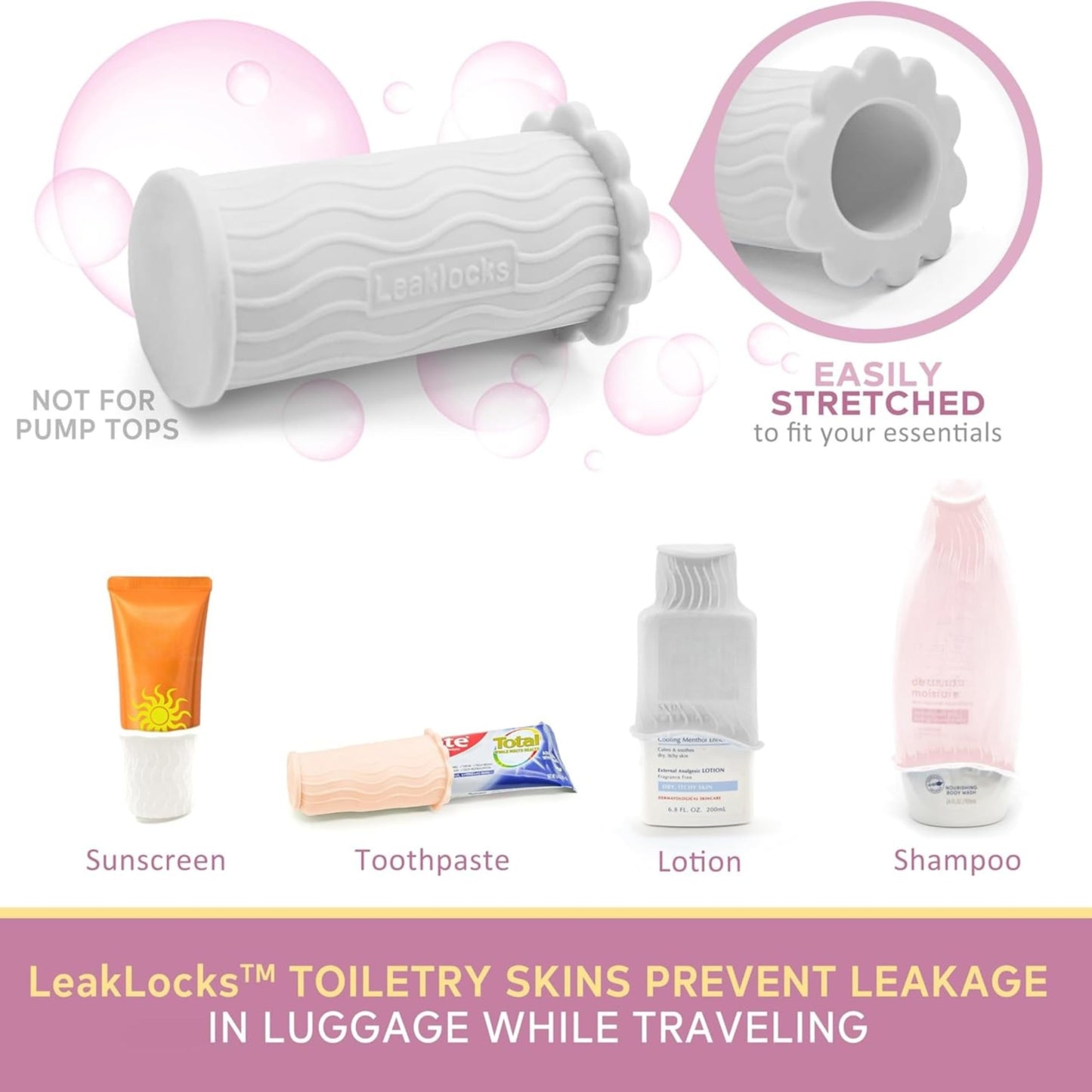 LeakLocks® Toiletry Skins™ Elastic Sleeve for Leak Proofing Travel Container in Luggage. For Standard and Travel Sized Toiletries. Reusable Accessory for Travel Bag Suitcase and Carry-on Luggage