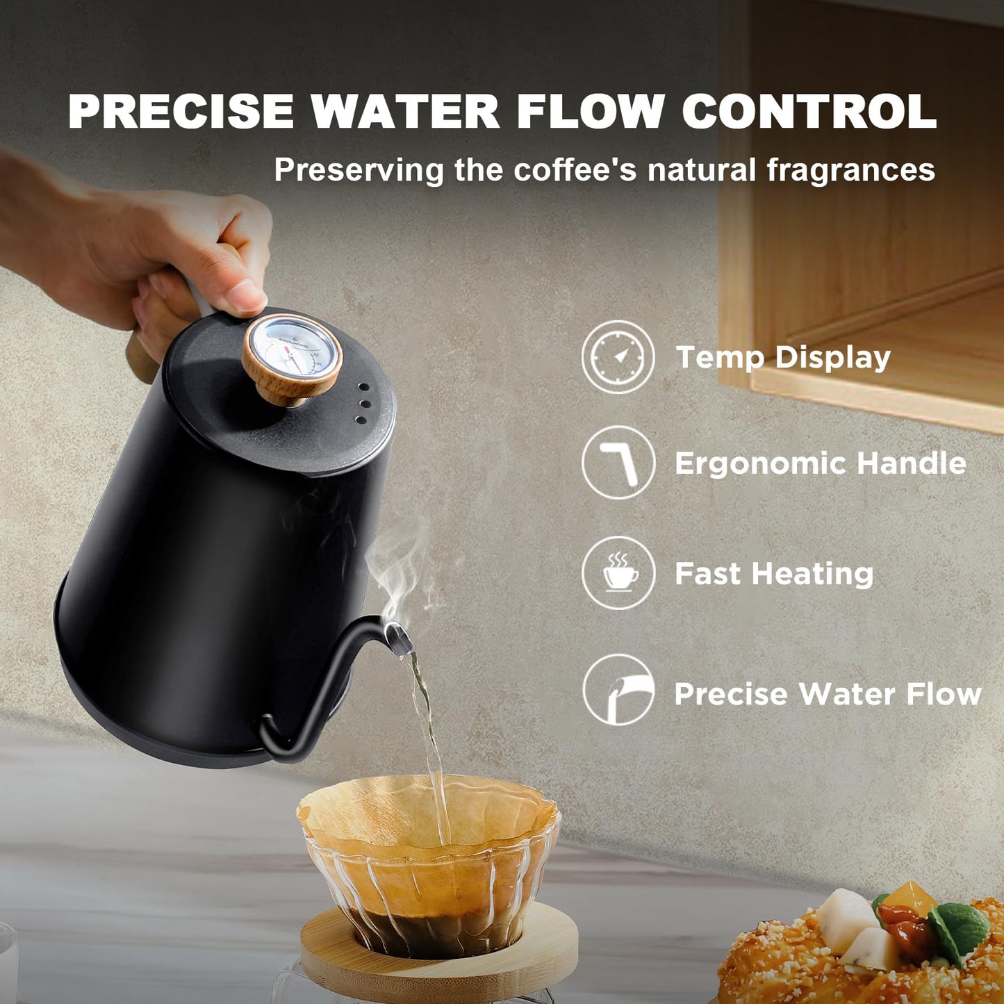 Nueve&Five Gooseneck Electric Kettle with Thermometer, Black Electric Kettle 1L with Auto Shut-Off,1000W Hot Water Kettle of Stainless Steel, Pour Over Kettle for Coffee & Tea