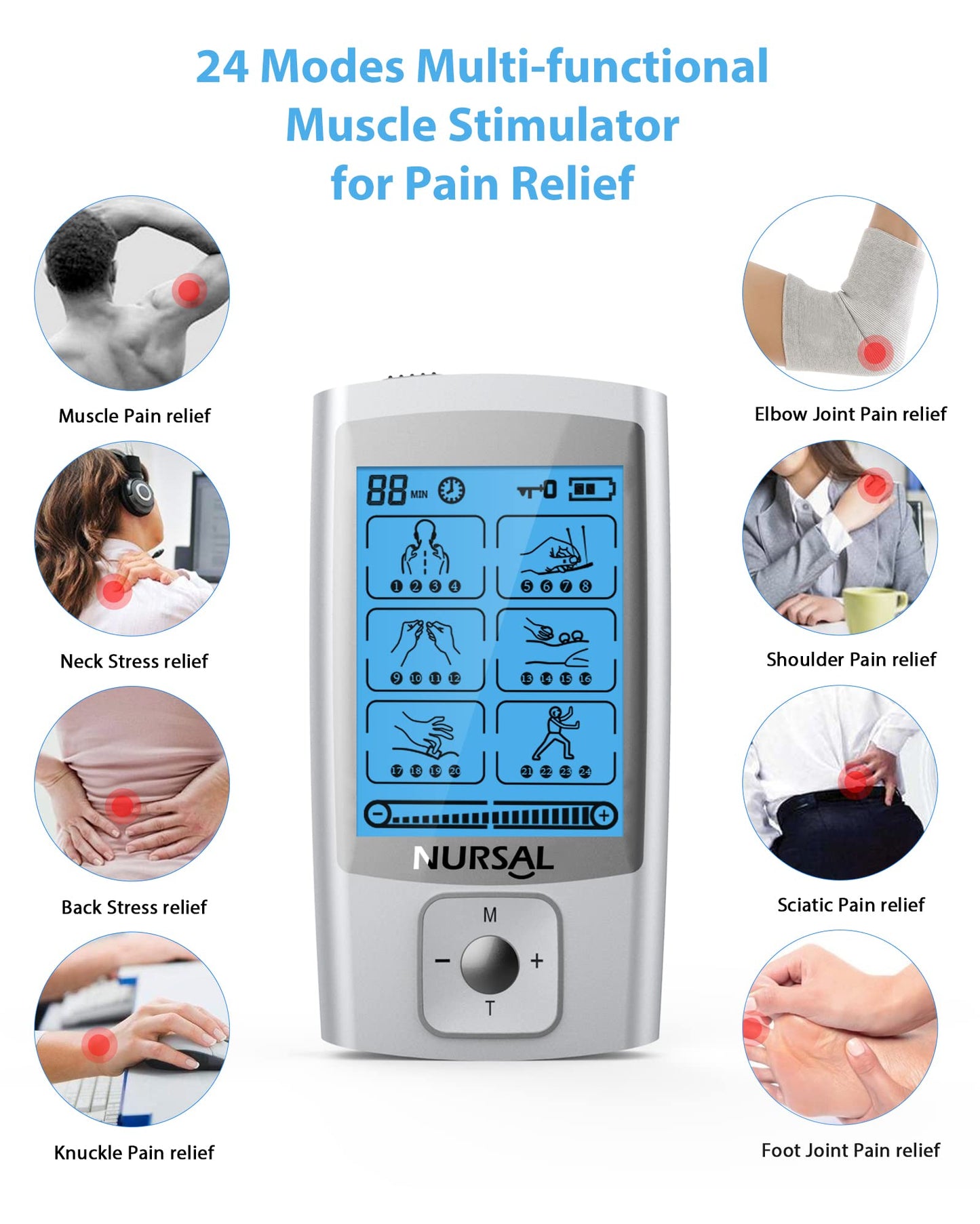 NURSAL 24 Modes TENS Unit Muscle Stimulator with Continuous Stimulation, Rechargeable Electronic Pulse Massager with 8 Pads for Back and Shoulder Pain Relief and Muscle Strength (Silver)