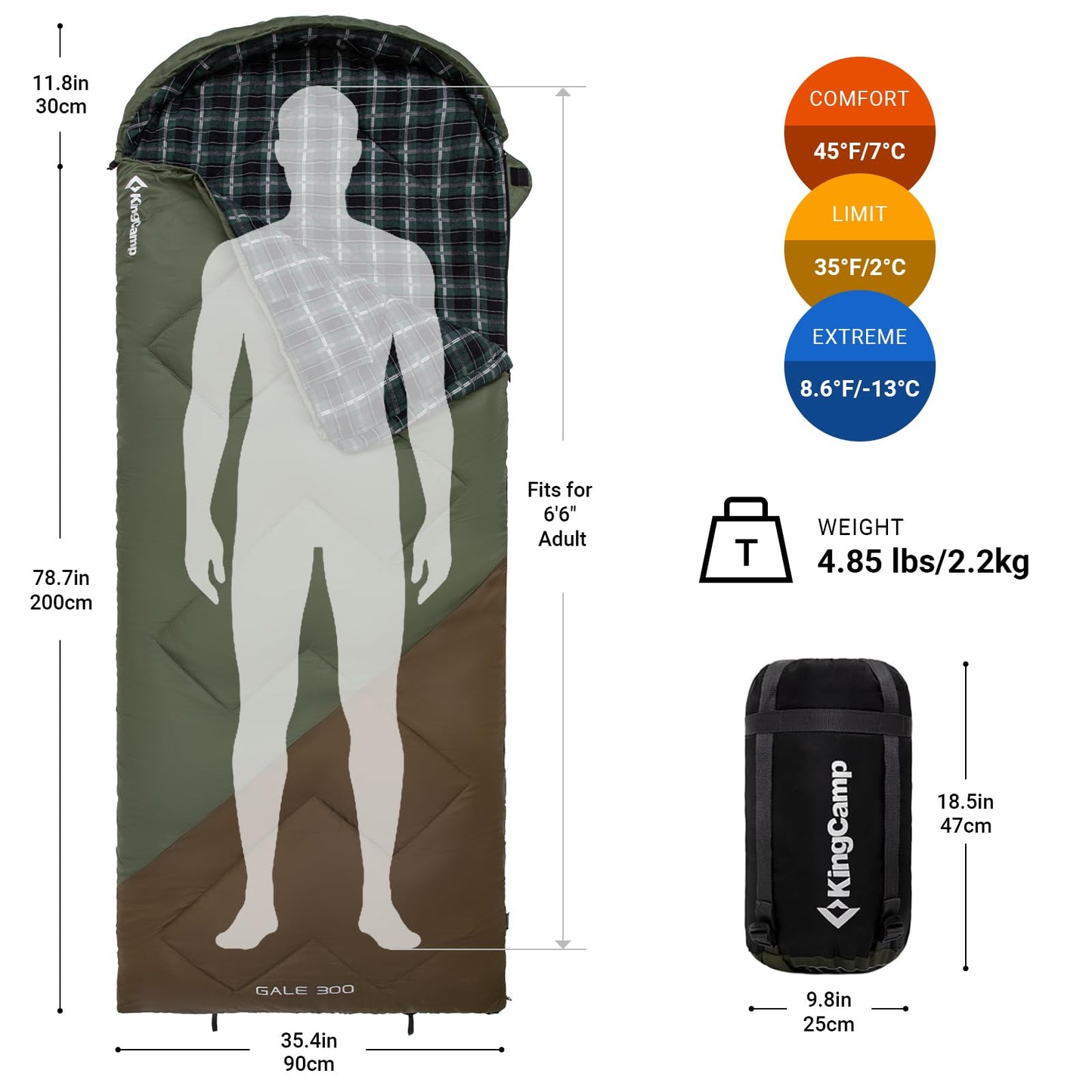 KingCamp Sleeping Bag for Adults, Cold Weather & Warm XL Big and Tall Flannel Sleeping Bags with Compression Sack Portable Waterproof Essentials Gear Accessories for Outdoor Camping (Beangreen/Brown)