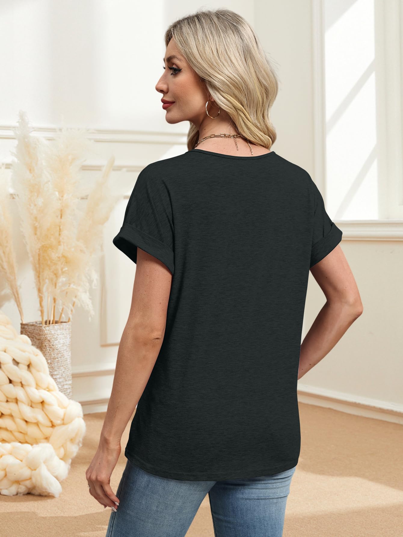 EyMuse 2 PCS Womens Fashion Tops V Neck T Shirts 2025 Short Sleeve Trendy Loose Fit Dressy Lightweight Soft Casual Summer Outfits Tees,Multicolor+Black,L