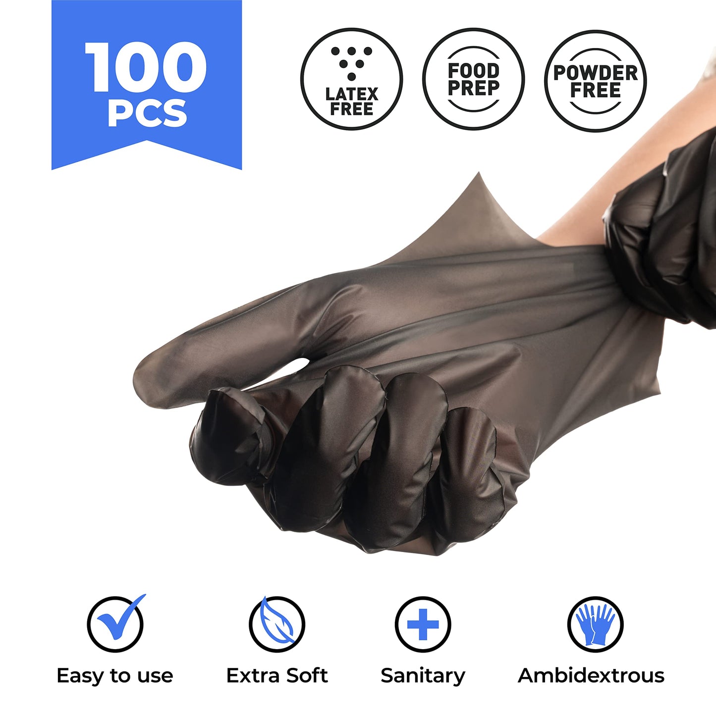 OKIAAS Black Plastic Gloves (100-Count) Latex Free, for Kitchen Cooking Salon| Food Handling Serving, Hair Dying Coloring Gloves Medium