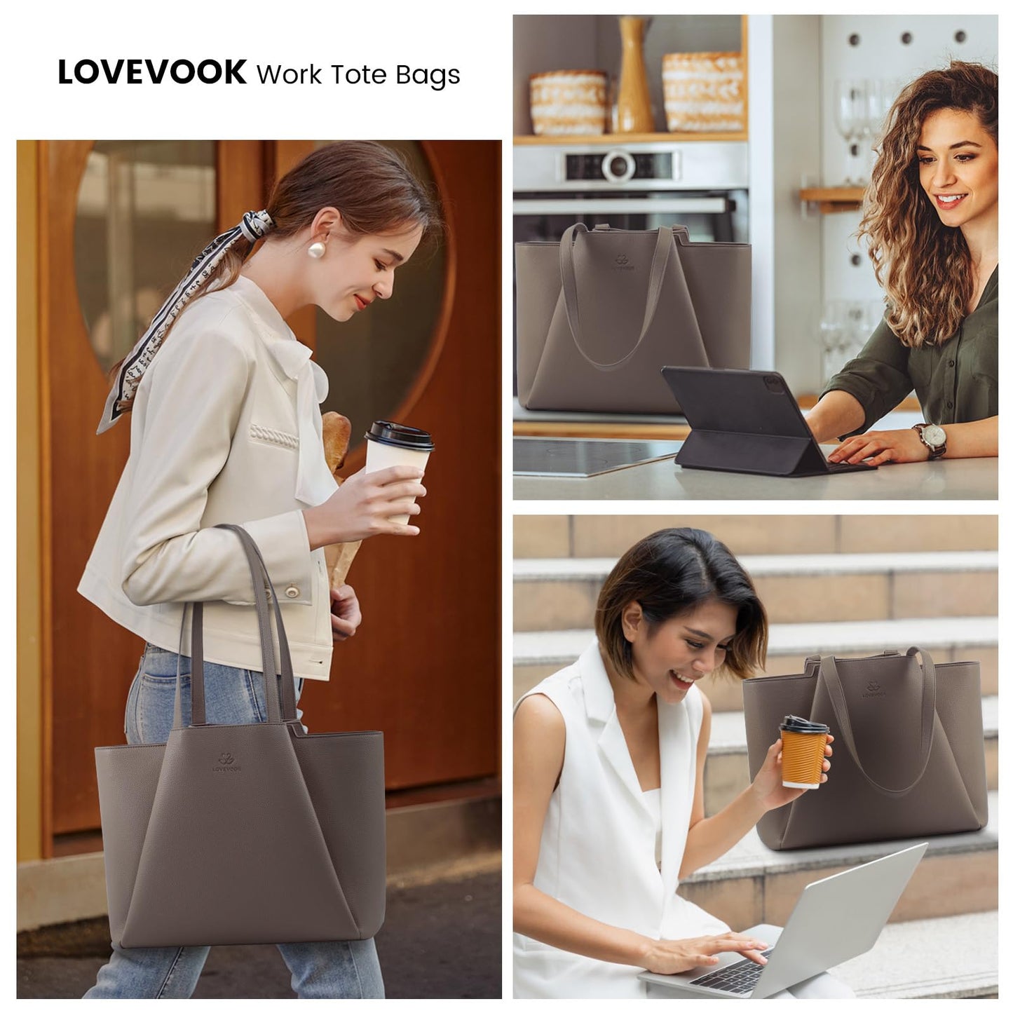 LOVEVOOK Laptop Tote for Women - 15.6 Inch Faux Leather Laptop Bag with Clutch, Large Capacity Office Purse Computer Briefcase for Casual Business Travel,Dark Khaki