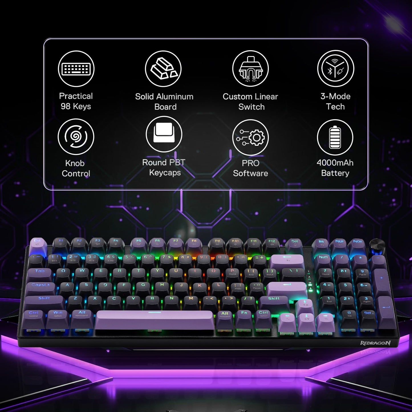 Redragon K740 PRO 98 Keys Wireless RGB Gaming Keyboard, 3-Mode PBT Mechanical Keyboard w/Solid Aluminum Base, Dedicated Knob Control & Hot-Swap Socket, Custom Linear Switch