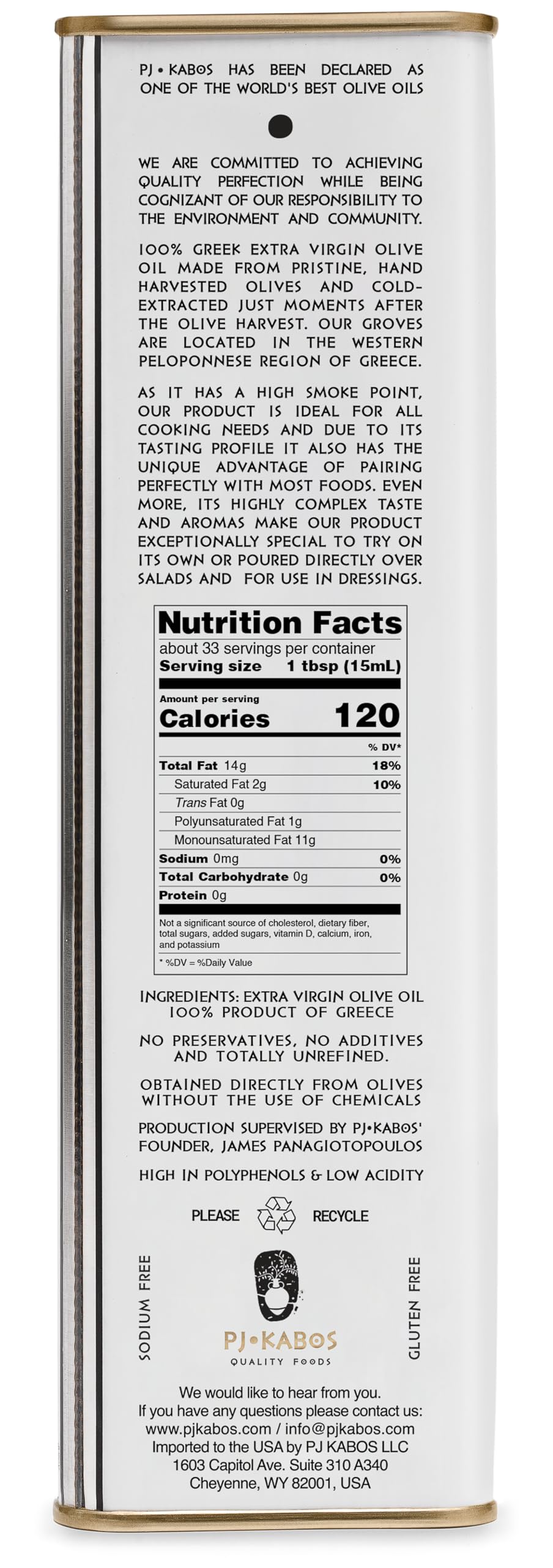 P.J. KABOS 2024/25 Harvest, High Phenolic (450+mg/kg), Premium Greek Extra Virgin Olive Oil, Kosher, Greece, Cold Extracted, 16.9 oz Tin, Koroneiki, "Family Reserve - Medium"
