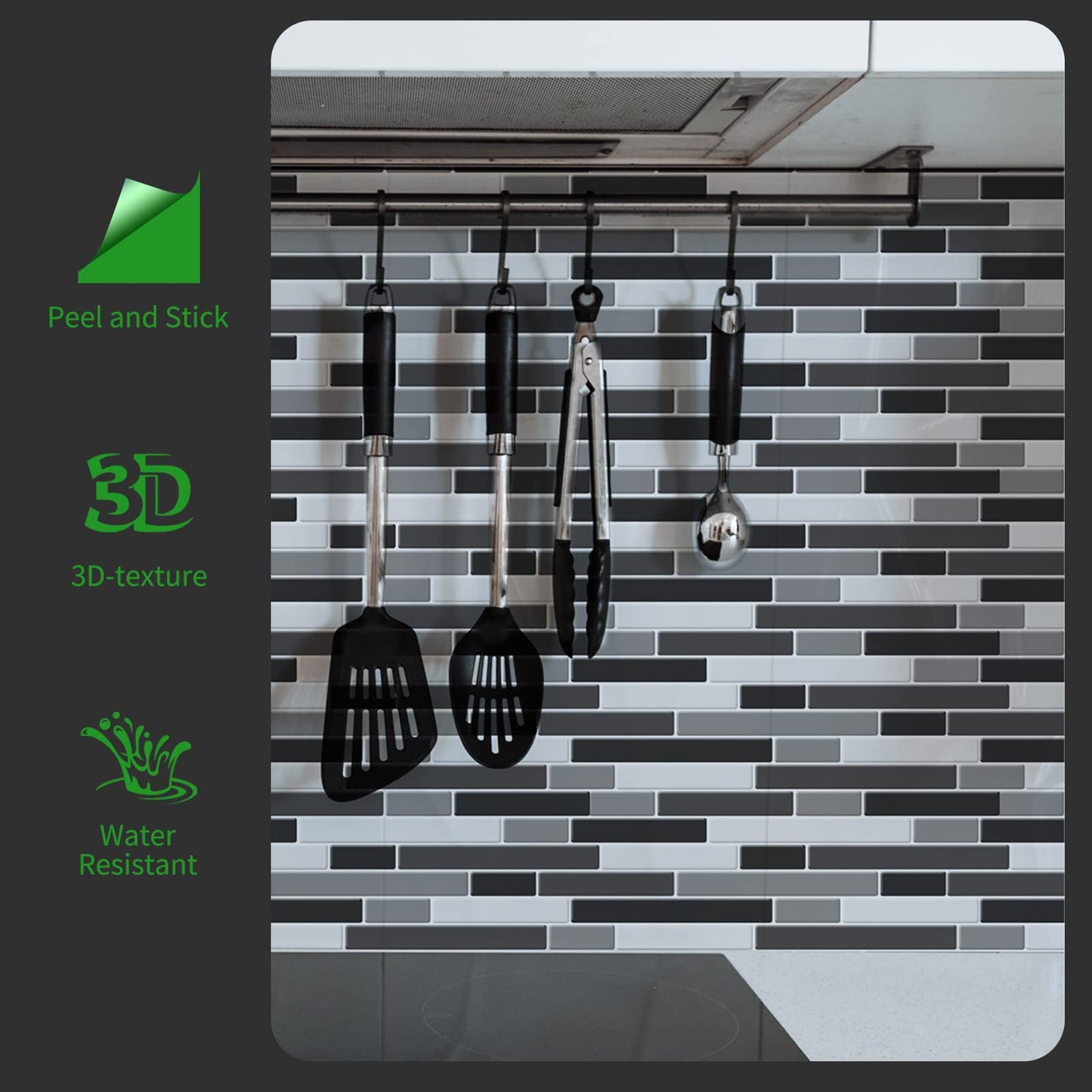 LONGKING 10-Sheet Self-Adhesive Peel and Stick Backsplash for Kitchen, Vinyl Decorative Tiles (Black/Gray)