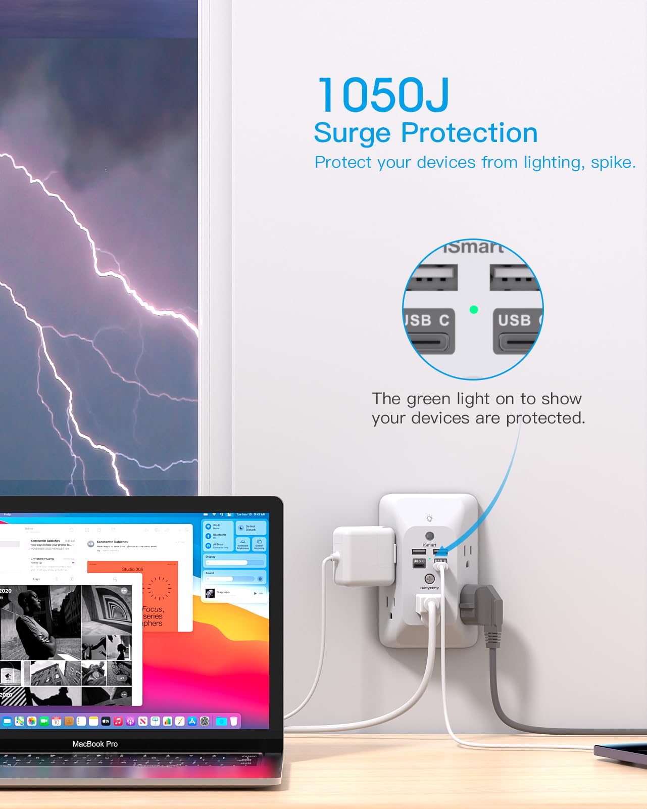 Multi Plug Outlet, HANYCONY Outlet Extender with 4 USB Ports (2 USB C) and Night Light, 1050J Surge Protector, Wall Mount, Outlet Splitter for Bathroom Kicthen Camper Dorm Room Essentials