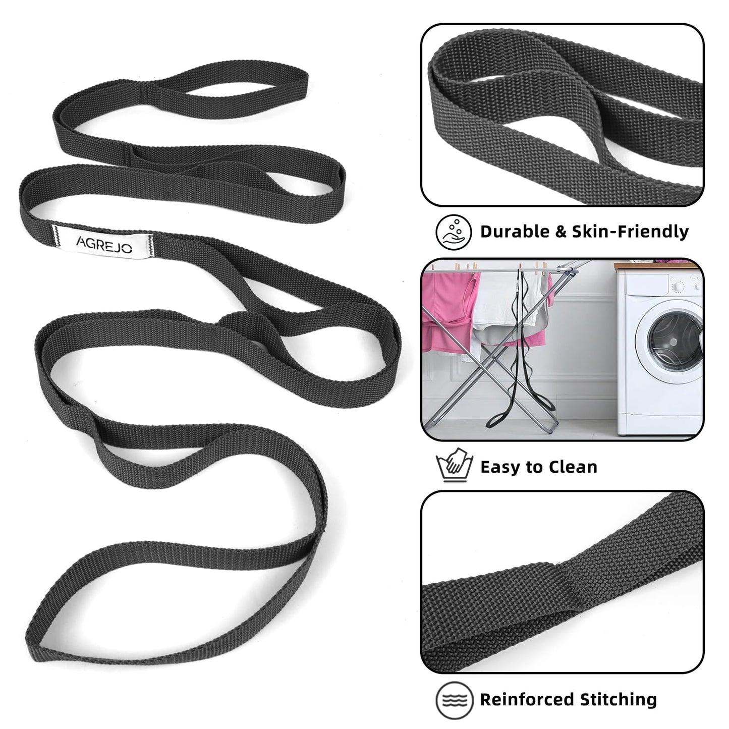 AGREJO Stretching Strap Yoga Strap Physical Therapy for Home Workout, 10 Loops Non-Elastic Stretch Band for Pilates, Flexibility, Exercise and Gymnastics (1-Pack Black)
