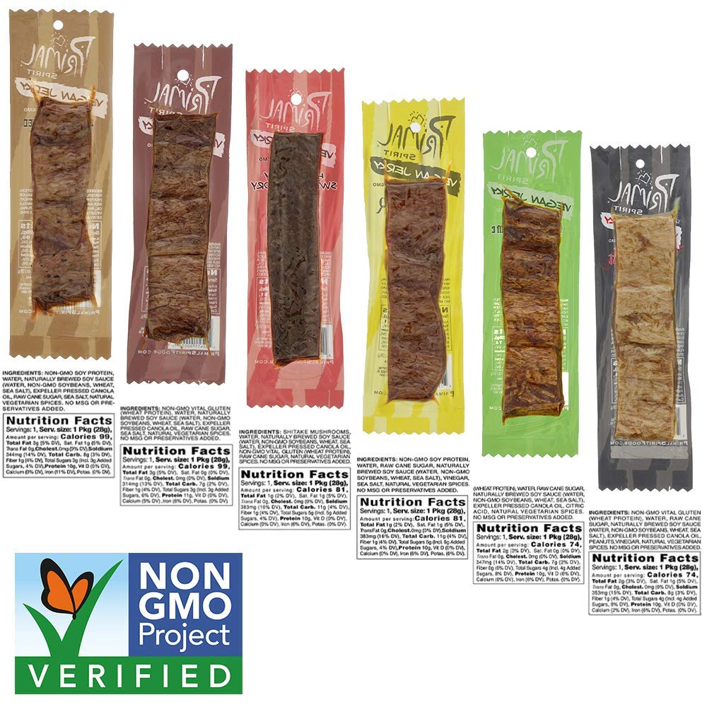 Primal Spirit Vegan Jerky - Most Popular Flavors Pack, 10 g. Plant Based Protein, ("The Classics" 3 Teriyaki, 3 Hickory Smoked, 3 Texas BBQ, 1 Thai Peanut, 1 Hot & Spicy, 1 Mesquite Lime, 12-Pack, 1 o