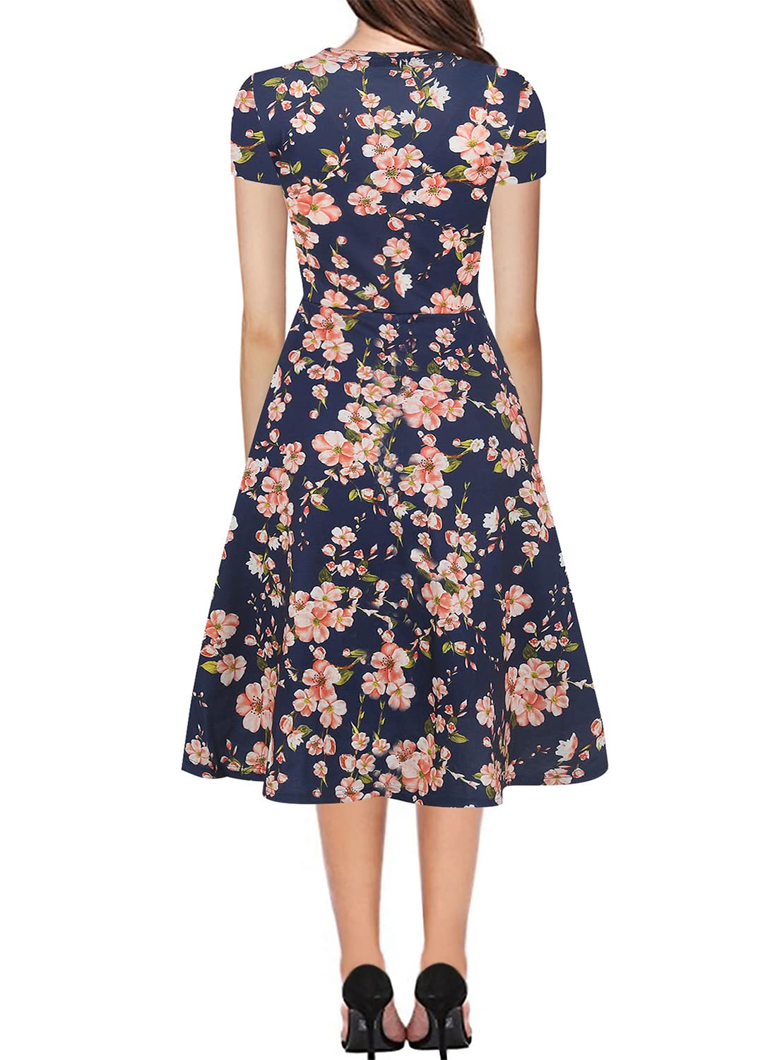 Prime Wardrobe Womens Clothing Vintage Beautiful Casual Short Sleeve Ladies Floral Fit Flare Party Cocktail Aline Swing Dress 162 (M, Navy)