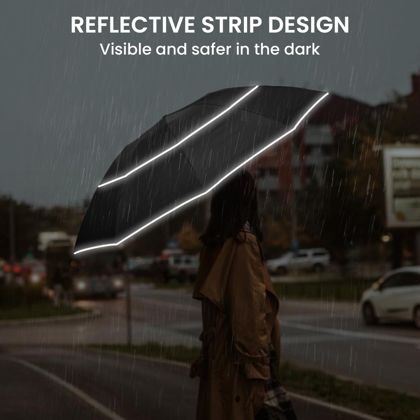 G4Free 62 Inch Windproof Inverted Umbrella with Reflective Stripe Large Compact Reverse Golf Umbrella for Rain 10 Ribs Double Canopy Travel Umbrella Automatic Open Close (Black)