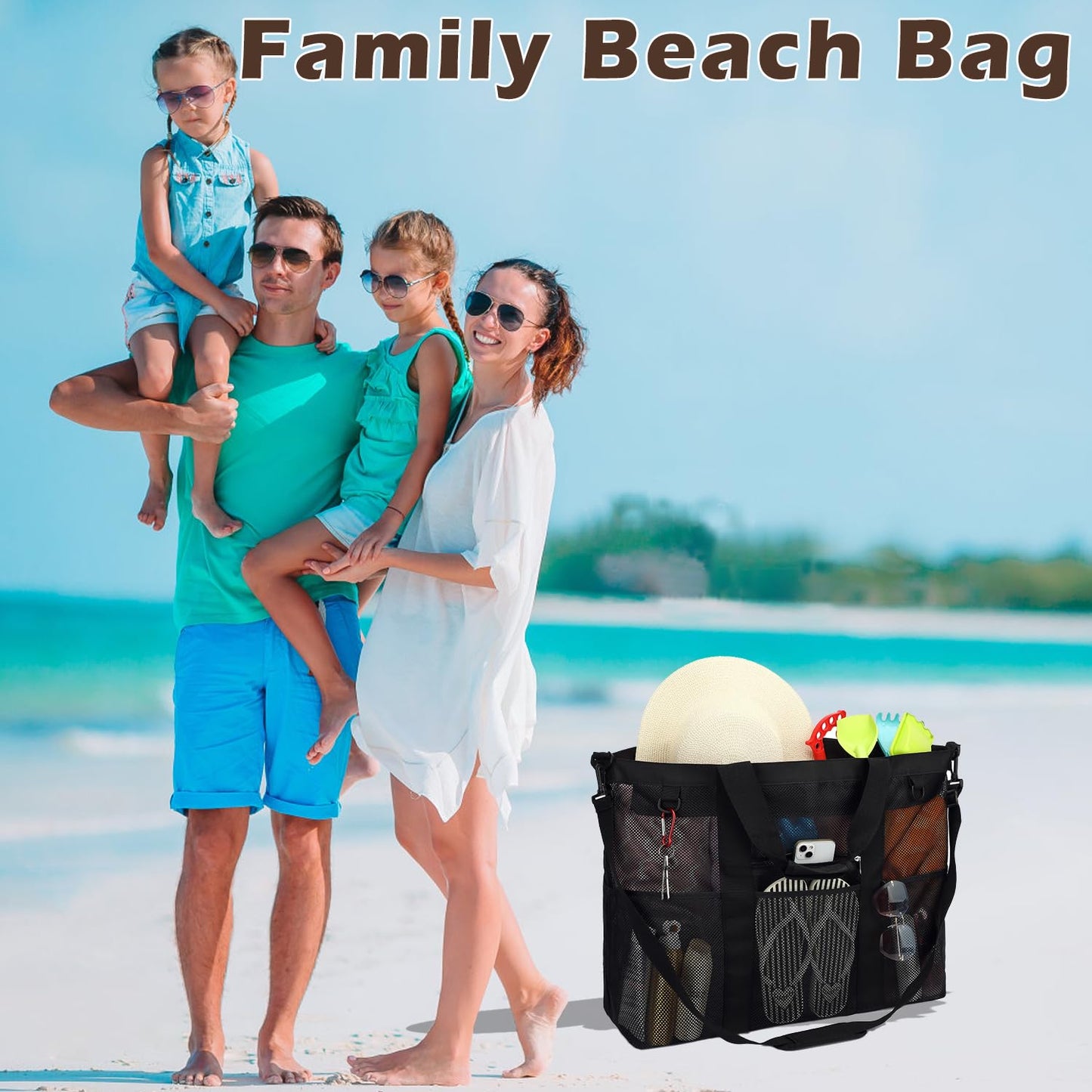 Fammart Extra Large Mesh Beach Bag for Family, Pool Travel Tote Bag with Zipper Closure, 10 Pockets, Sandproof Bottom