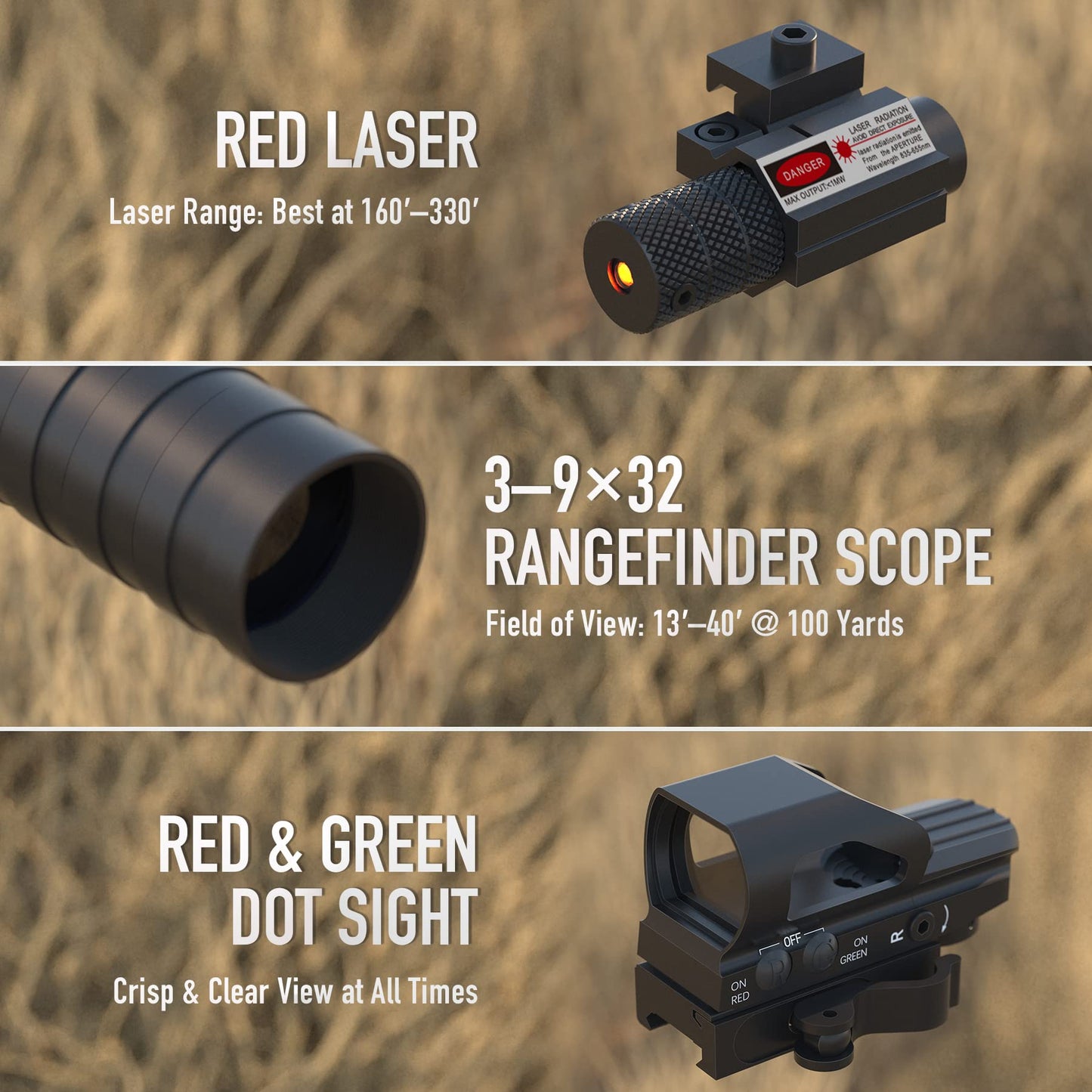 PINTY Rifle Scope Red Dot Laser Combo — 4in1 Gun Set: 3-9x32 Illuminated Hunting Scope, Green or Red Dot, Red Laser Sight, Pic Riser Mount — Tactical Scope and Laser for Shooting Airsoft More, Black