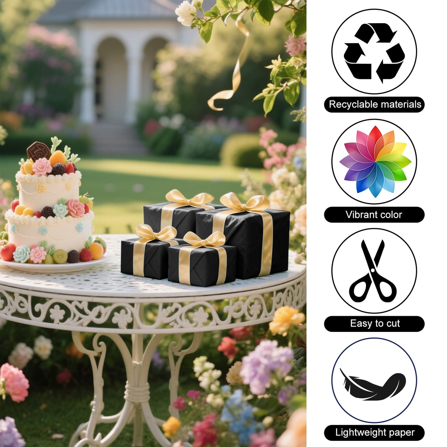 PLULON 60 Sheets Black Tissue Paper for Gift Bags, Gift Wrapping Paper Tissue Bulk for Crafts Packaging Birthday Baby Shower, Wedding Holiday Flower Bachelorette Bridal Party Decorations