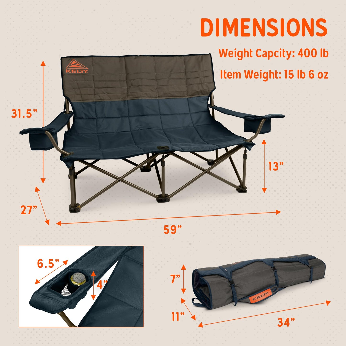 Kelty Low Loveseat Camping Chair – Portable, Folding Chair for Festivals, Camping and Beach Days, Dark Shadow/Navy