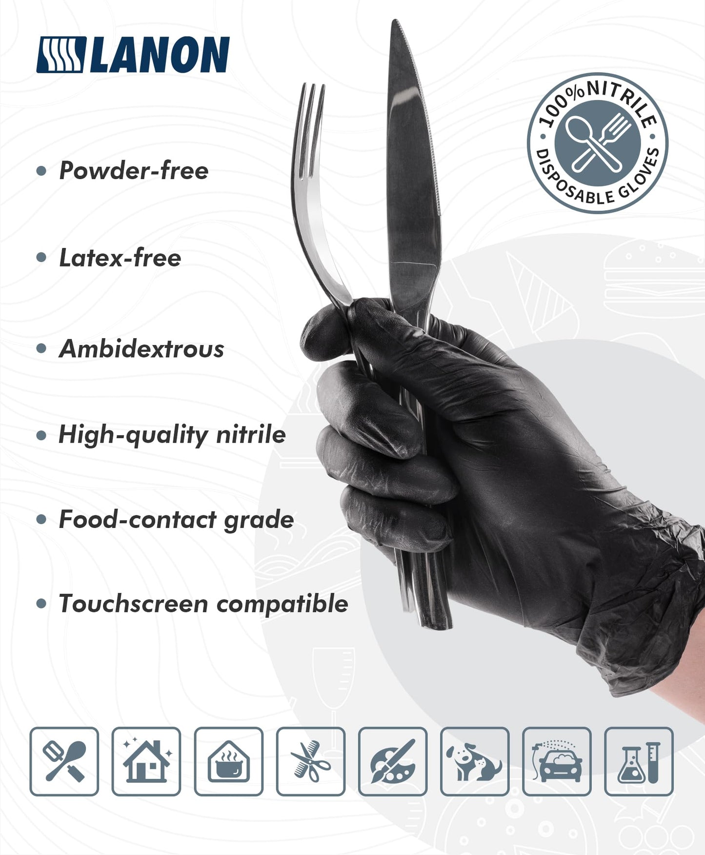 LANON Food Safe Disposable Nitrile Gloves, Latex-Free, Powder-Free, Silicone-Free, Textured Fingertips, Cooking, Black,Medium