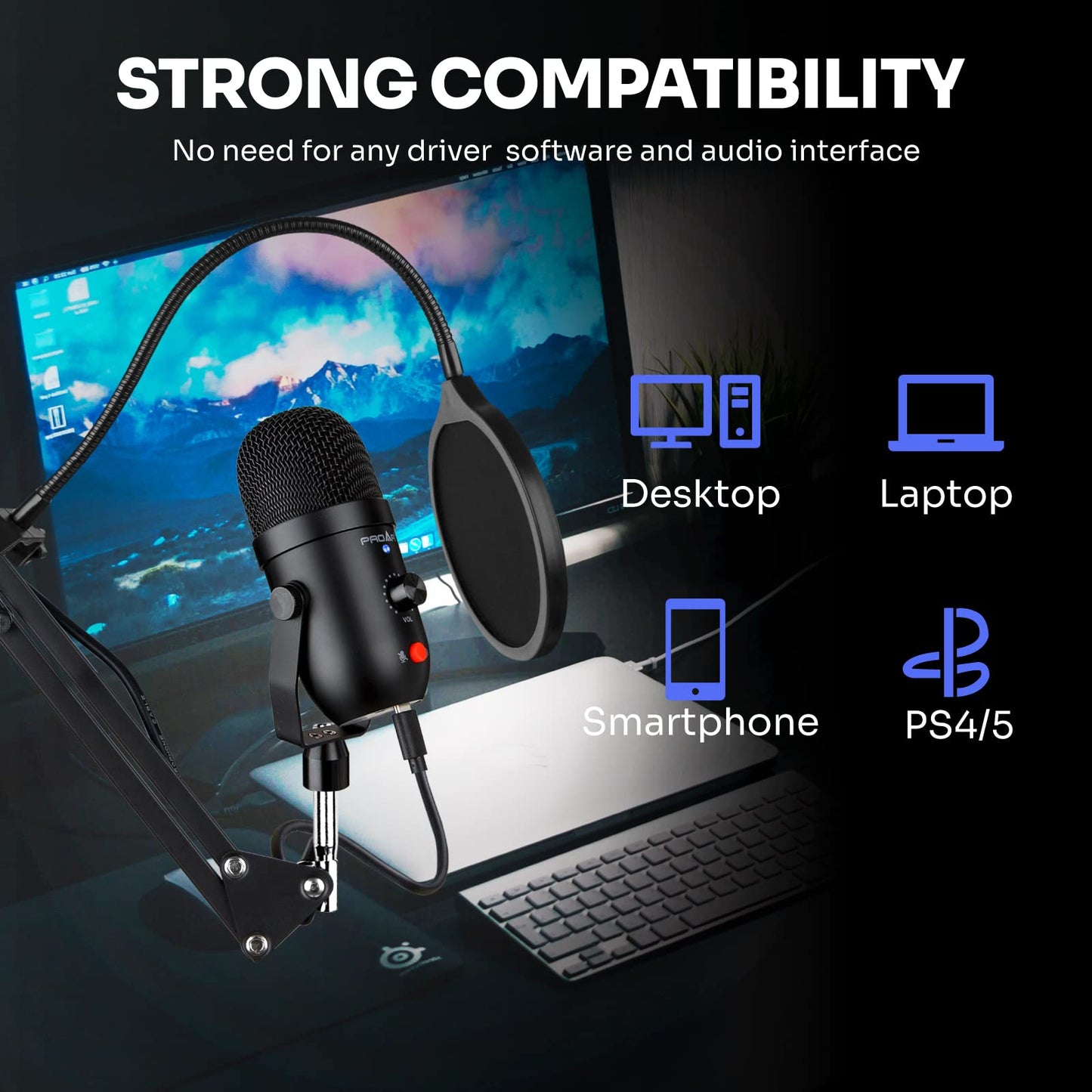 Podcast & Gaming USB Microphone Kit - Condenser Mic for Phone, Pad, PS4, Computer & Laptop (Noise Cancelling, ASMR, YouTube, Streaming)