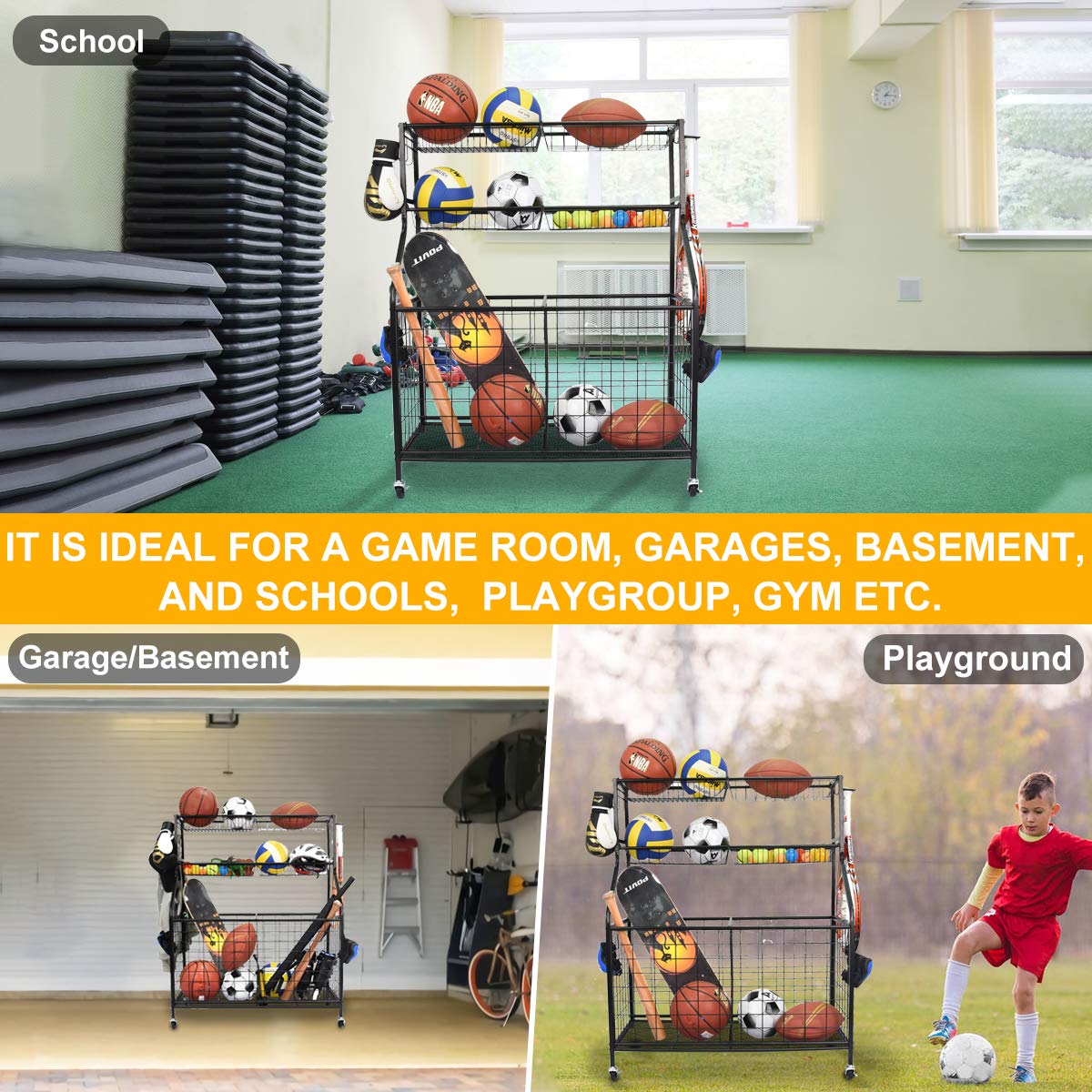 Kinghouse Sport Equipment Organizer for Garage, Steel Basketball Rack with Baseball Bat Holder and Hooks, Easy Assembly Storage for Balls, Kids' Toys, and Workout Gear in Basement, Home Gym, Outdoor