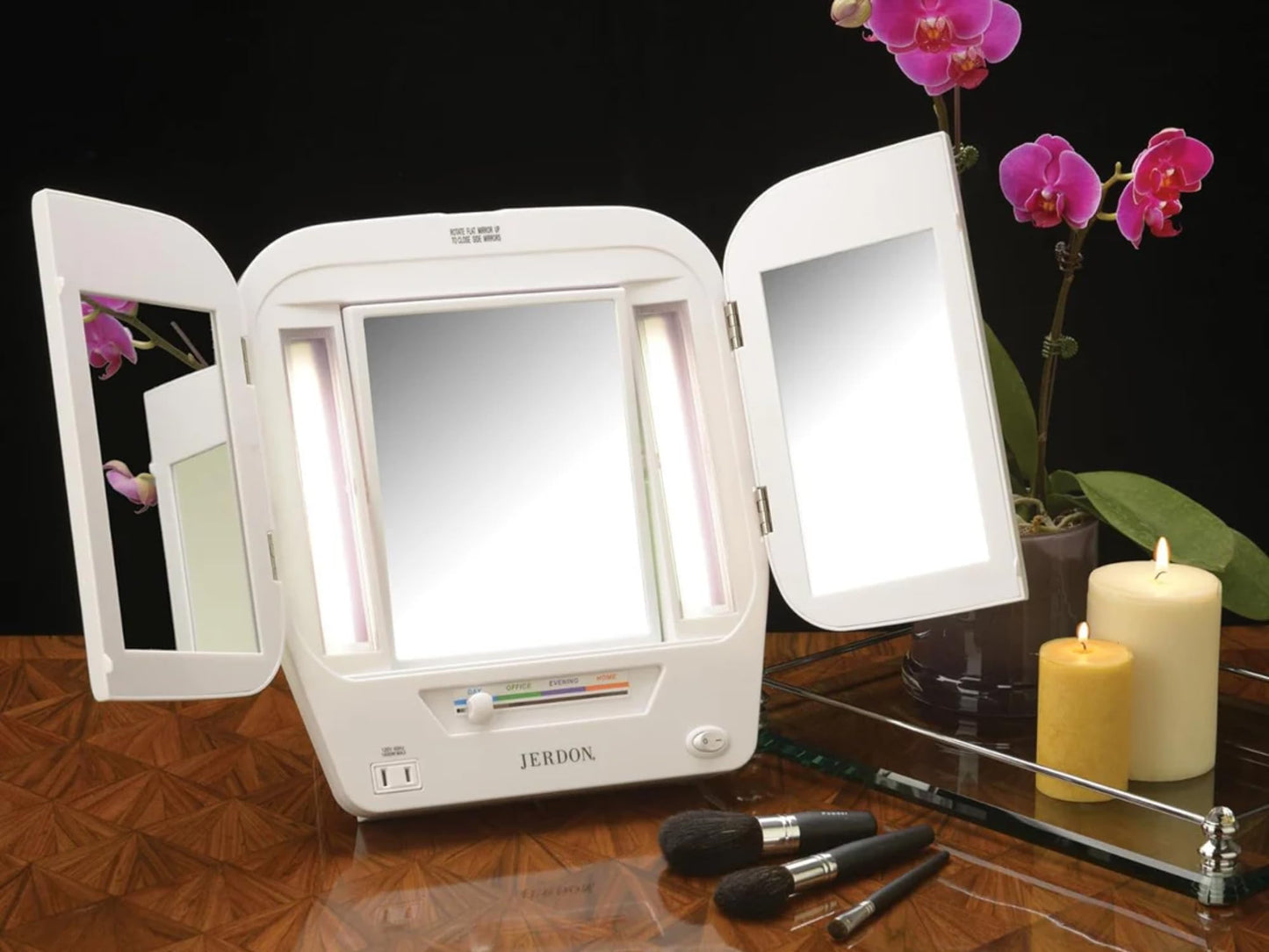 JERDON Modern Tri-Fold Makeup Mirror with Lights - Vanity Mirror with 5X Magnification & Multiple Light Settings - White Base - Model JGL10W