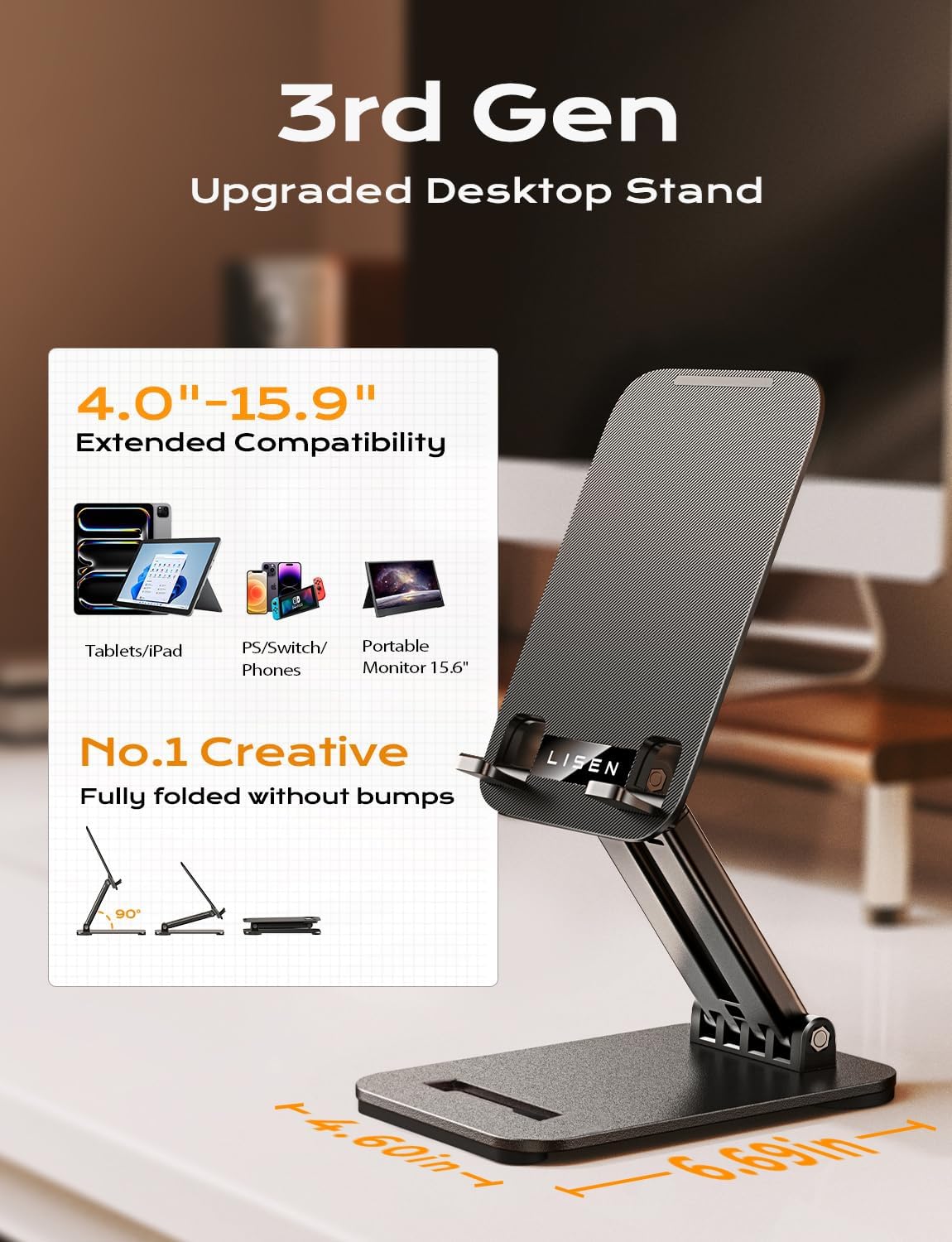 LISEN Tablet Stand for iPad Stand Holder Desk, Foldable Home Office Desk Accessories Travel for iPad Holder Dorm College Essentials Portable Monitor Fits Tabs Kindle iPhone 4-15.9" Black