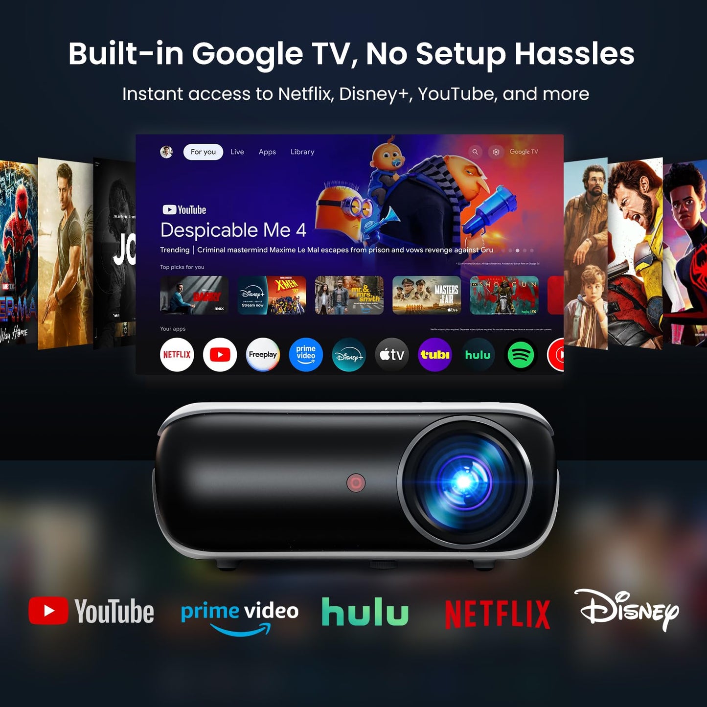 Official Licensed Google TV Smart Projector, HAPPRUN 4K UHD Home Theater with Dolby Sound, Wi-Fi & Bluetooth, Built-in Streaming Apps, Compatible with Games Consoles & Smartphone, Indoor & Outdoor Use