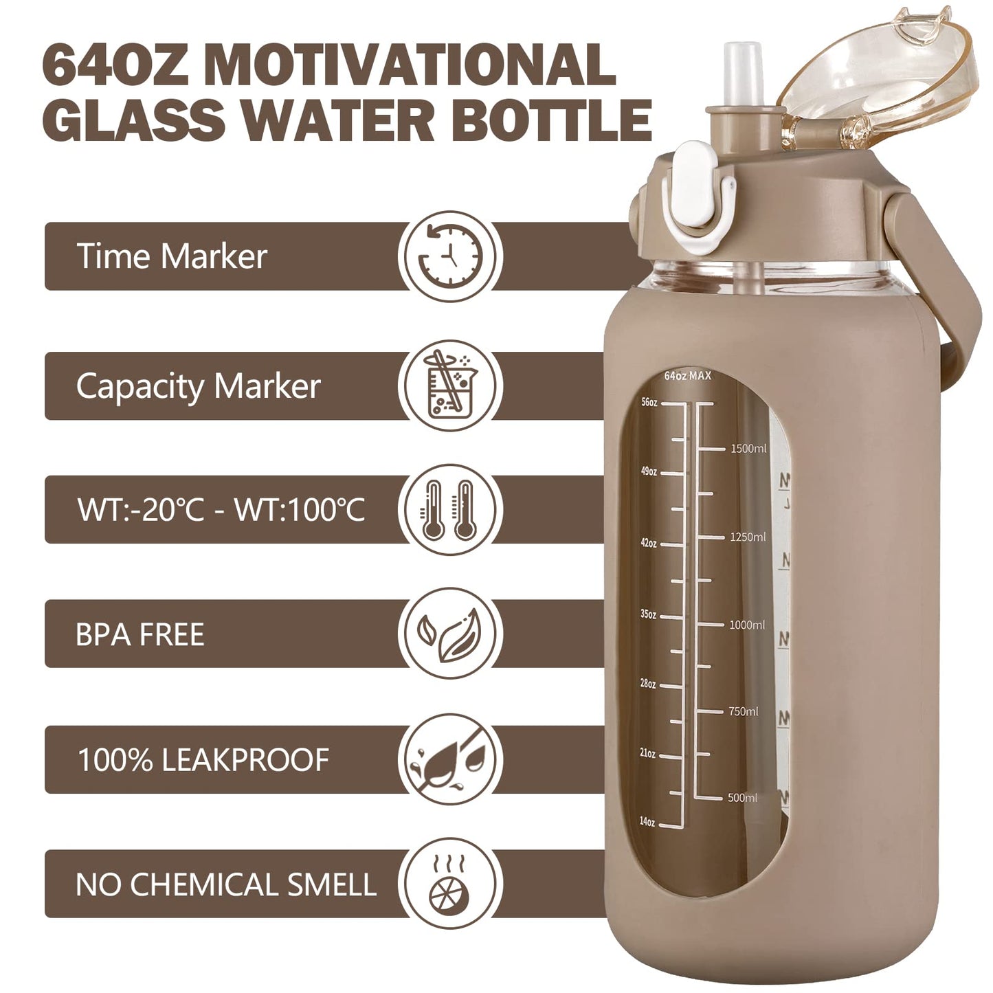 kytffu 64oz Glass Water Bottles with Straw, Half Gallon Motivational Glass Bottle with Silicone Sleeve and Time Marker, 2L Leakproof Large Glass Water Jug for Gym Home Office,Amber