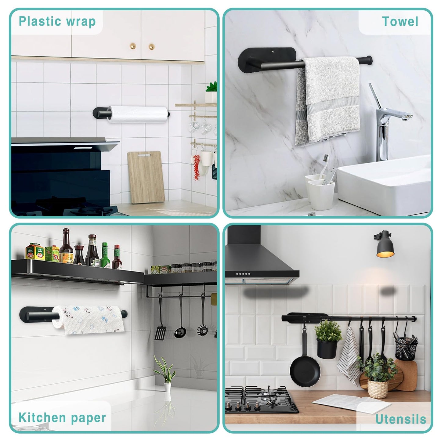 Paper Towel Holder, Self Adhesive or Drilling Paper Towel Holder Under Cabinet, Stainless Steel Black Paper Towel Holders Wall Mount for Kitchen, Bathroom, Sink, Pantry, Fridge