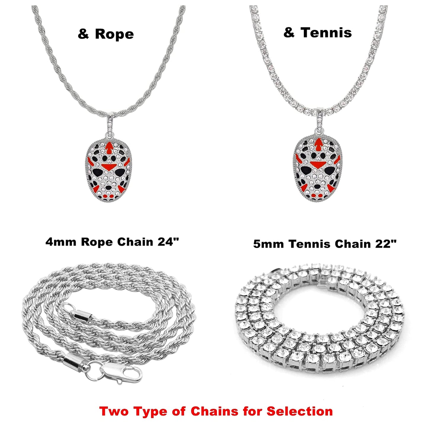 HH BLING EMPIRE 14k Gold Silver Plated Hip Hop Rapper Pendant Chain Necklace for Men, Iced Out Diamond Jason Mask Pendant with 5mm Tennis Chains 22 Inch (Jason Mask-Silver,& Tennis)