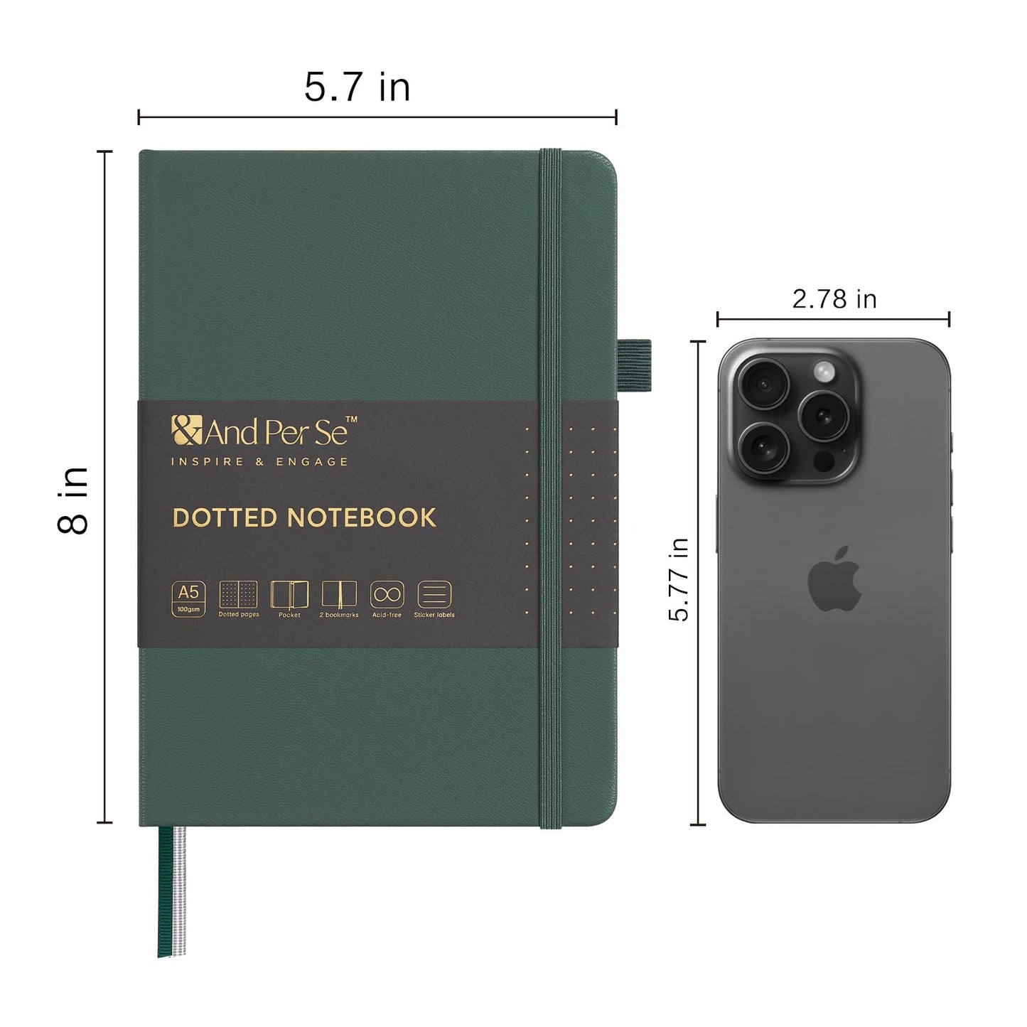 &And Per Se Dotted Journal Notebook, A5 Hardcover Leather Journal, 160 Pages 100 gsm Thick Dotted Paper,3 Sheets of Stickers Included - 5.7'' x 8''(Green)