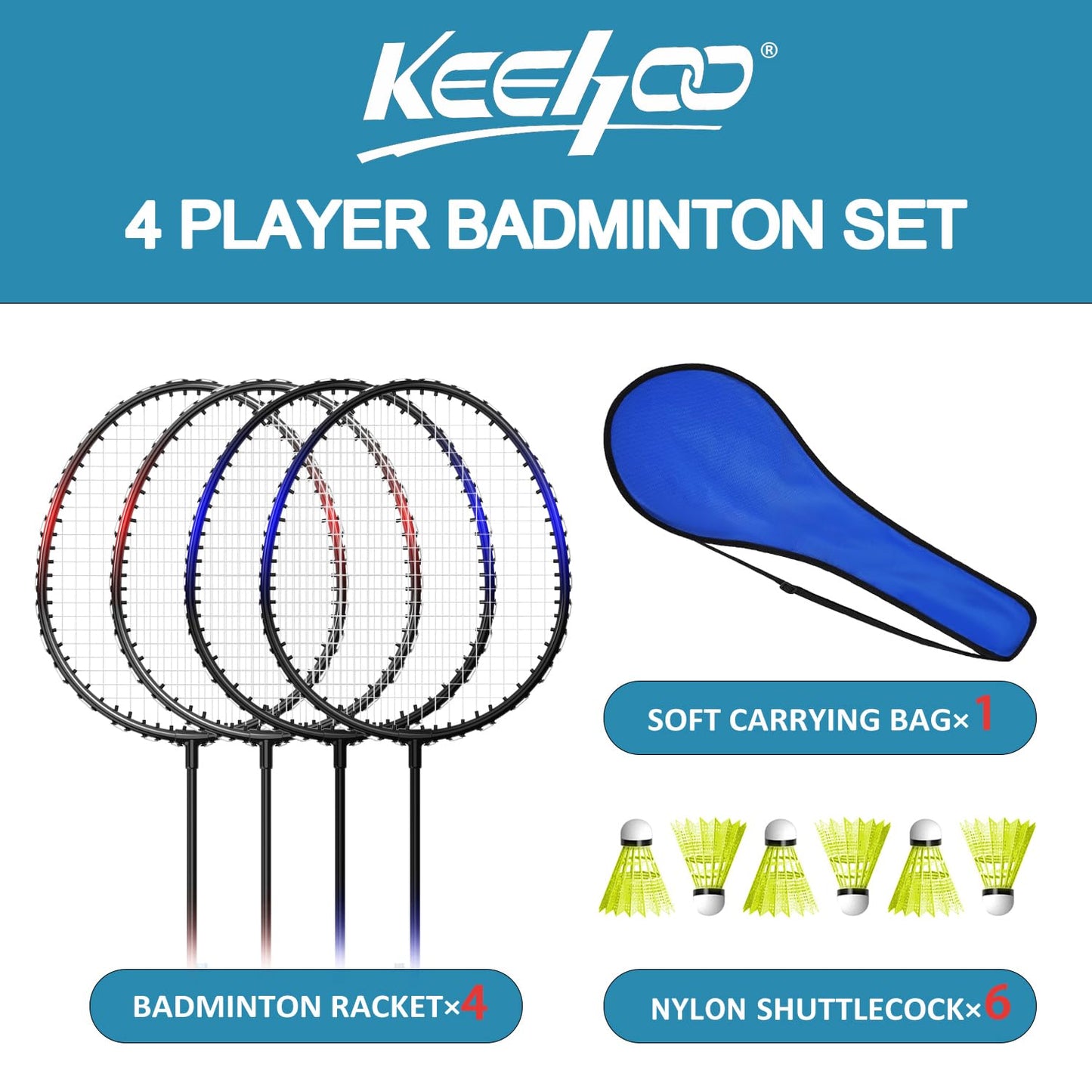 KH Badminton Rackets Set of 4,Beach Lawn Backyard Game Outdoor Sports,4 Racquets,6 Shuttlecocks & a Carry Bag Included