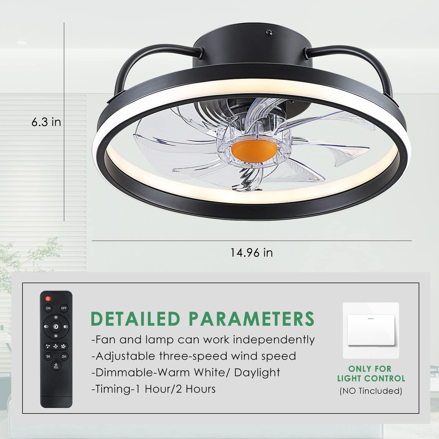 Mpayel Flush Mount Ceiling Fans with Lights and Remote Control,Modern Enclosed Bladeless,15'' Low Profile Ceiling Fan with Stepless Dimming Lighting Fixture for Bedroom Kitchen(Black)……