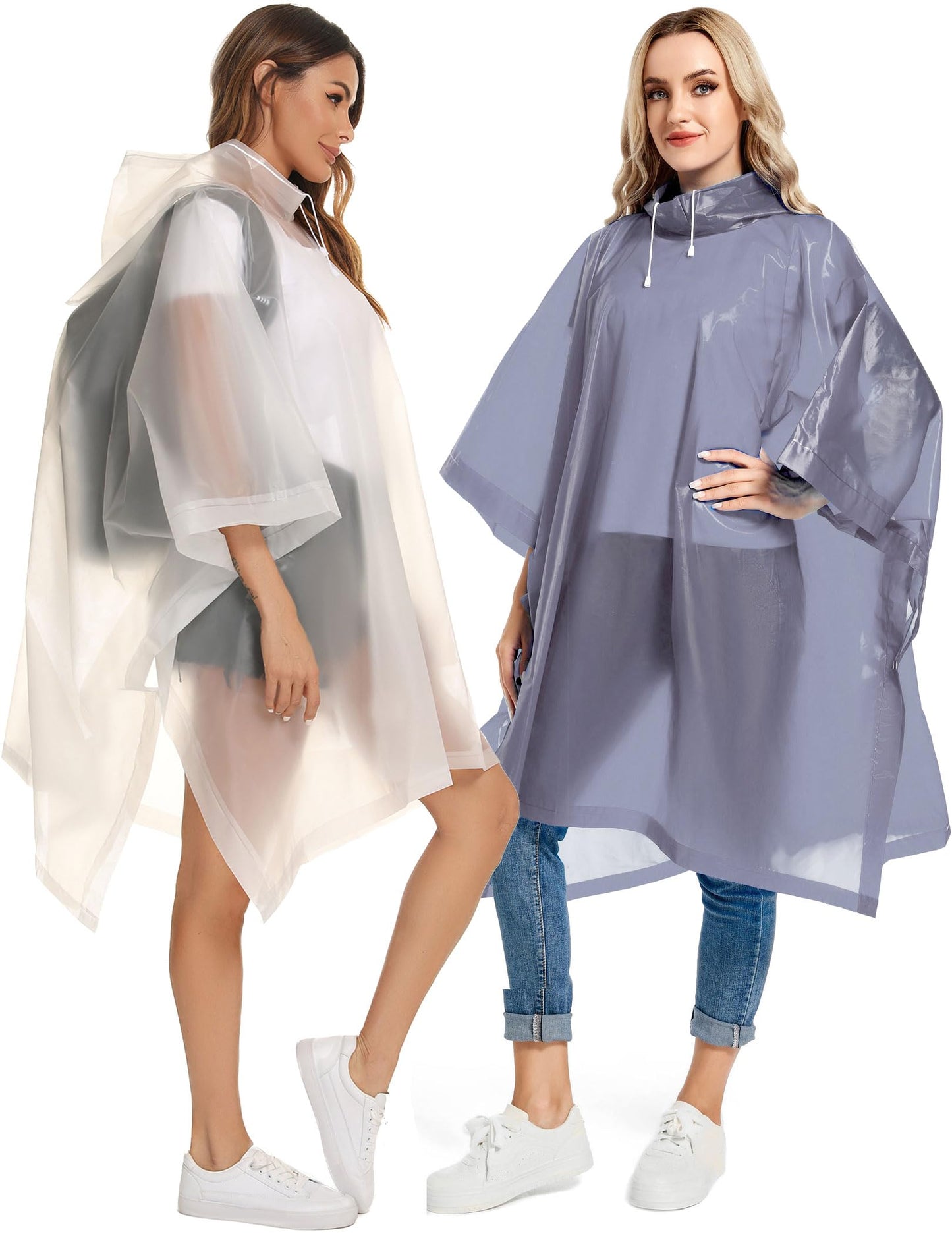 Borogo 2 Pack Rain Ponchos for Adults Reusable - Raincoats Survival Emergency Heavy Duty Rain Coat with Drawstring Hood White&Grey