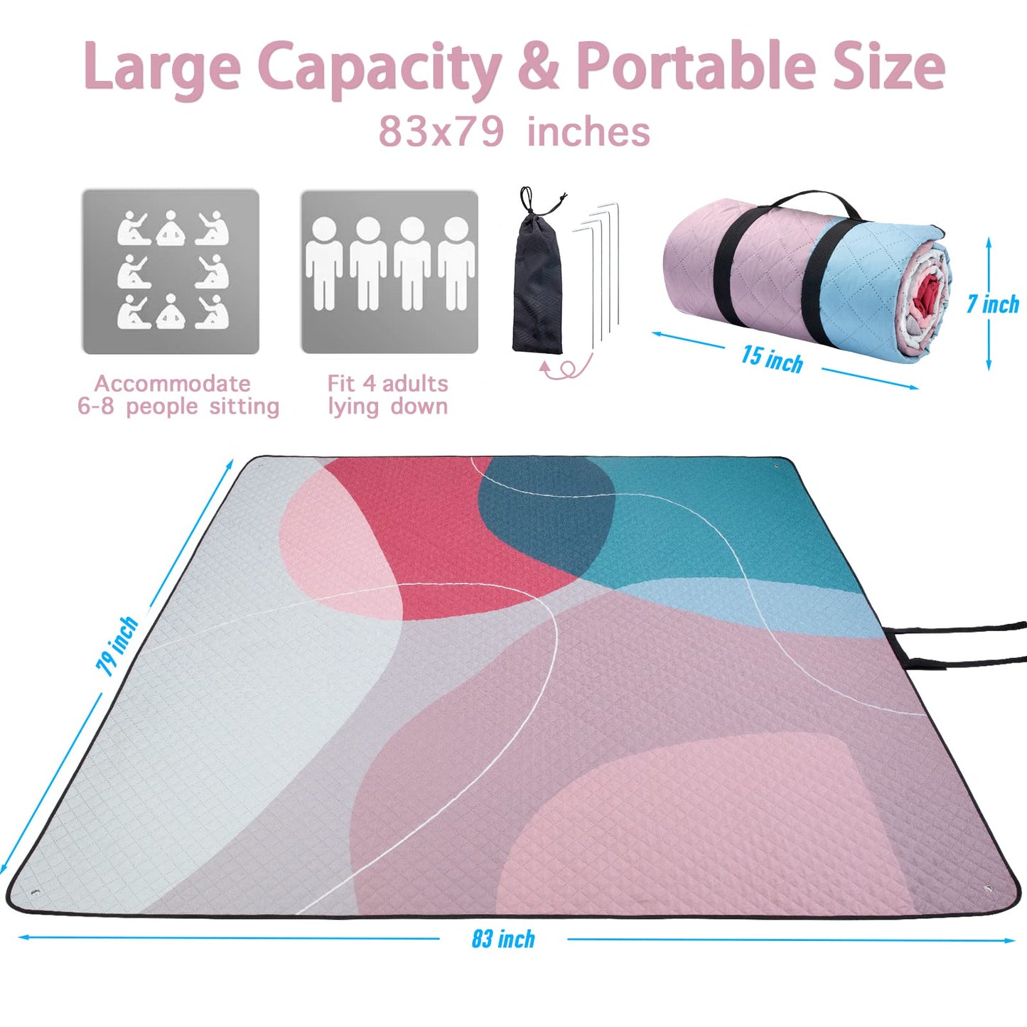 PY SUPER MODE Picnic Blankets Extra Large, Waterproof Foldable Outdoor Beach Blanket Oversized 83x79” Sandproof, 3-Layer Picnic Mat for Camping, Hiking, Travel, Park, Concerts(Abstract Pink)