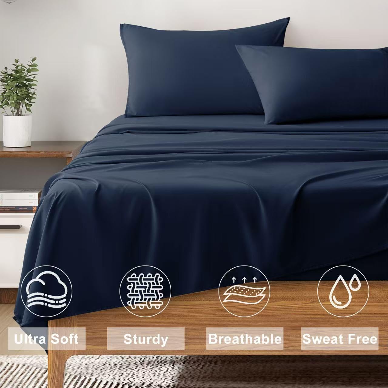 Queen Size 4 Piece Bed Sheet Set - Ultra Imitation Cotton-Premium Breathable & Cooling Sheets - Hotel Luxury Bed Sheets Deep Pocket up to 15"- Wrinkle, Fade, Stain Resistant (Navy Blue, Queen)