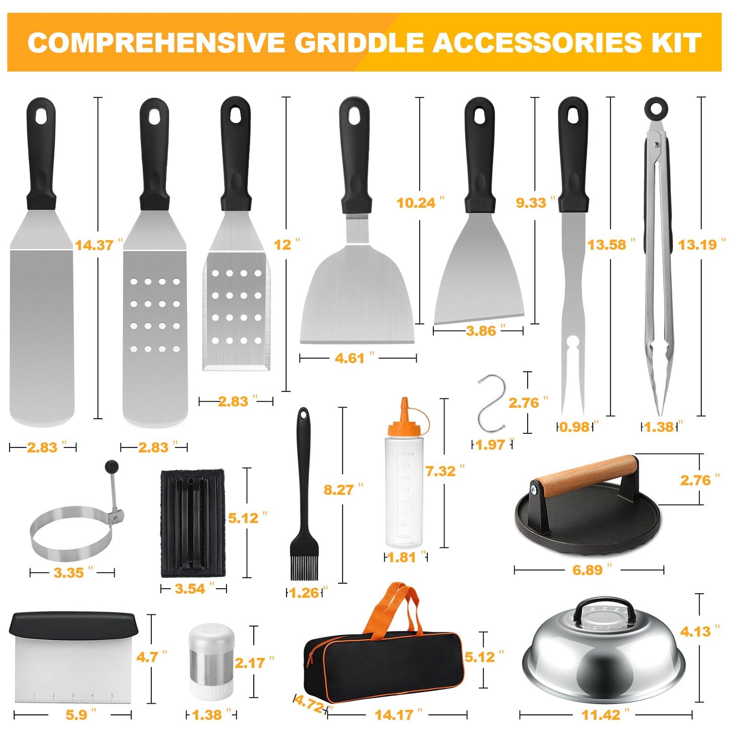 Griddle Accessories Kit, Terlulu 29 PCS Flat Top Grill Accessories for Blackstone and Camp Chef, Metal Spatula Set with Burger Press, Melting Dome, Scraper, Tongs, Carry Bag for Outdoor Grilling BBQ
