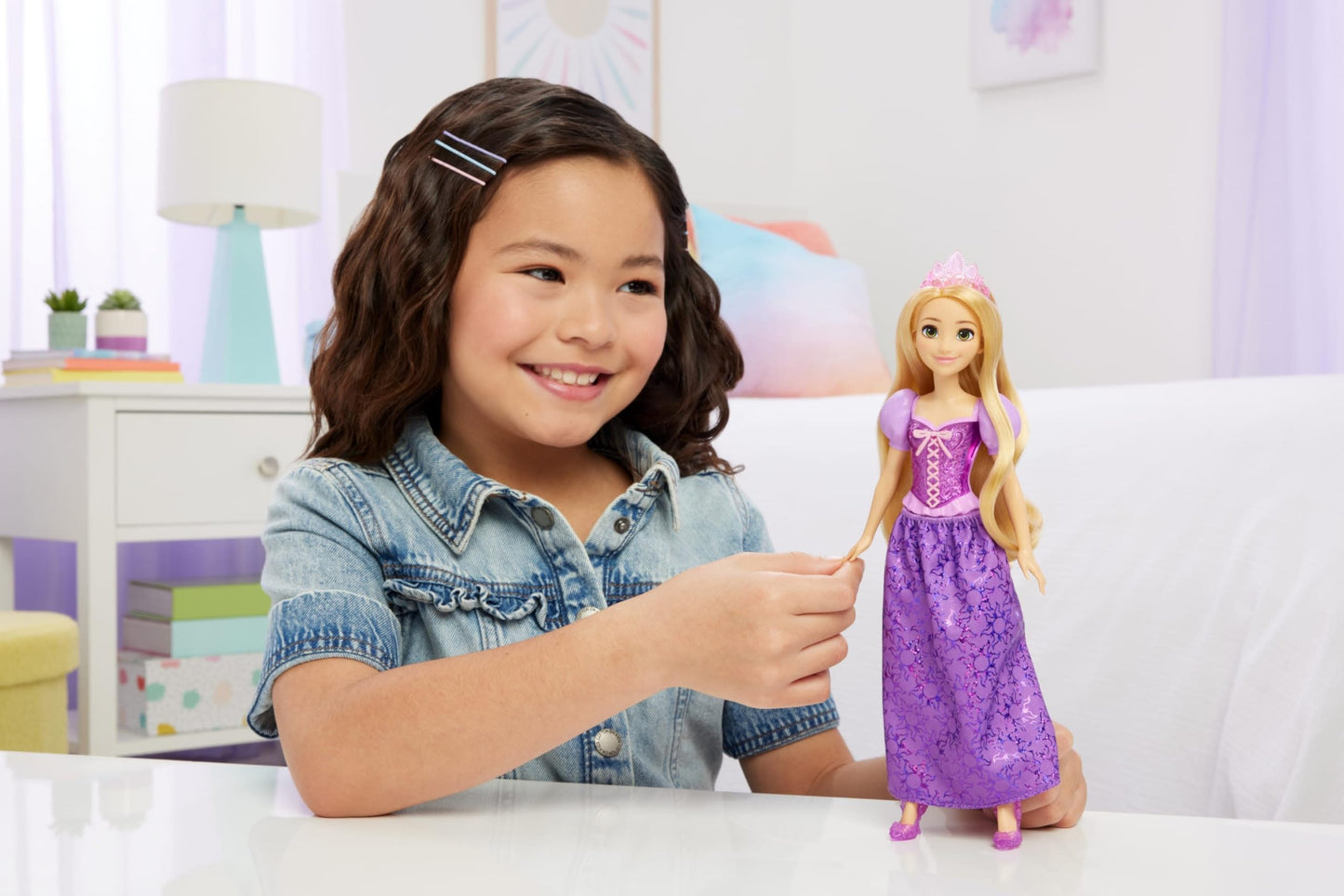 Mattel Disney Princess Toys, Rapunzel Fashion Doll, Sparkling Look with Blonde Hair, Blue Eyes & Tiara Accessory, Inspired by the Movie Tangled