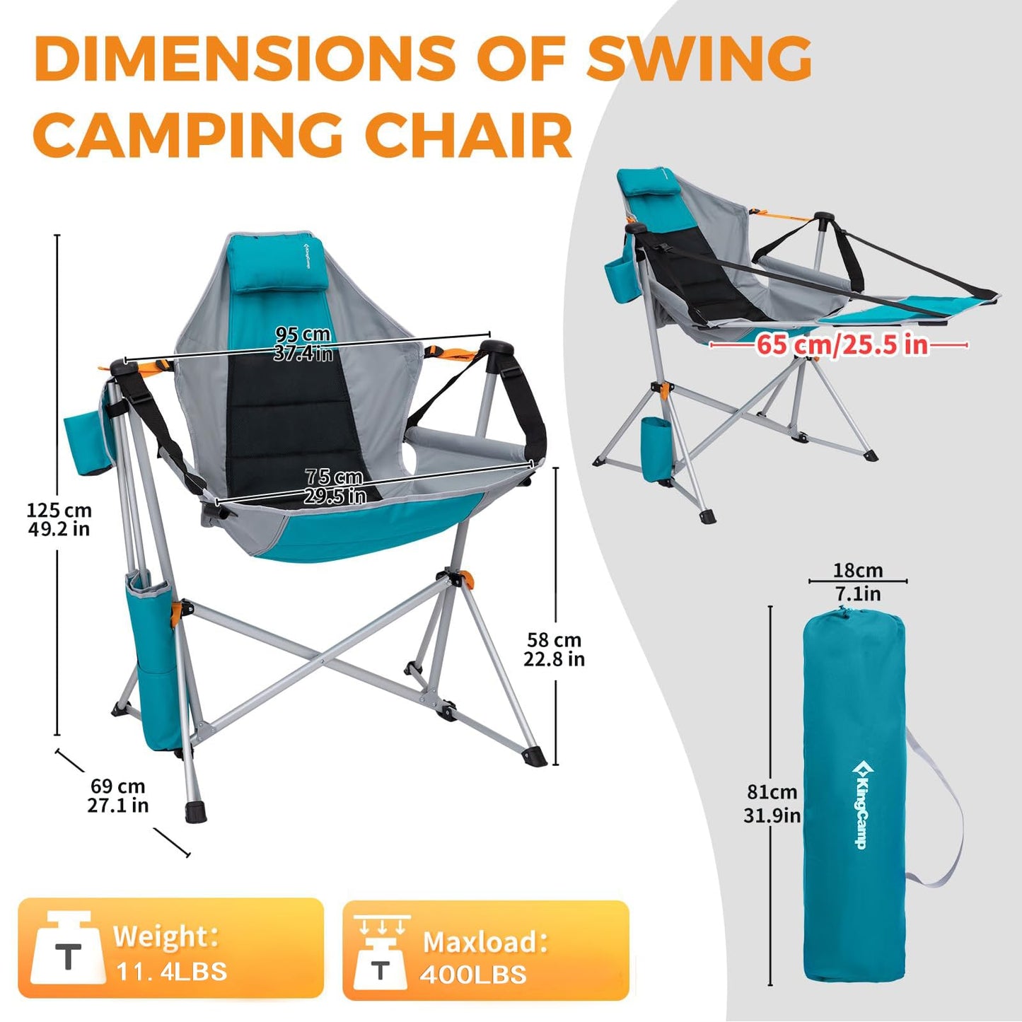 KingCamp Hammock Chair with Footrest, Swinging Portable Folding Camping Chairs for Adults MAX 400lbs Heavy Duty Foldable Oversized Rocker with Cup Holder Pillow for Outdoor Beach Patio Sport Lawn