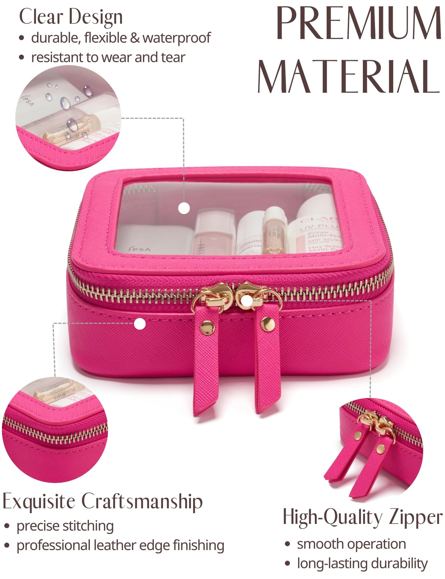 Mini Makeup Bag Clear Small Travel Cosmetic Case Leather Cute Hot Pink Pouch for Purse Organizer Make Up Bag for Women Car Toiletry Bag with Zipper for School