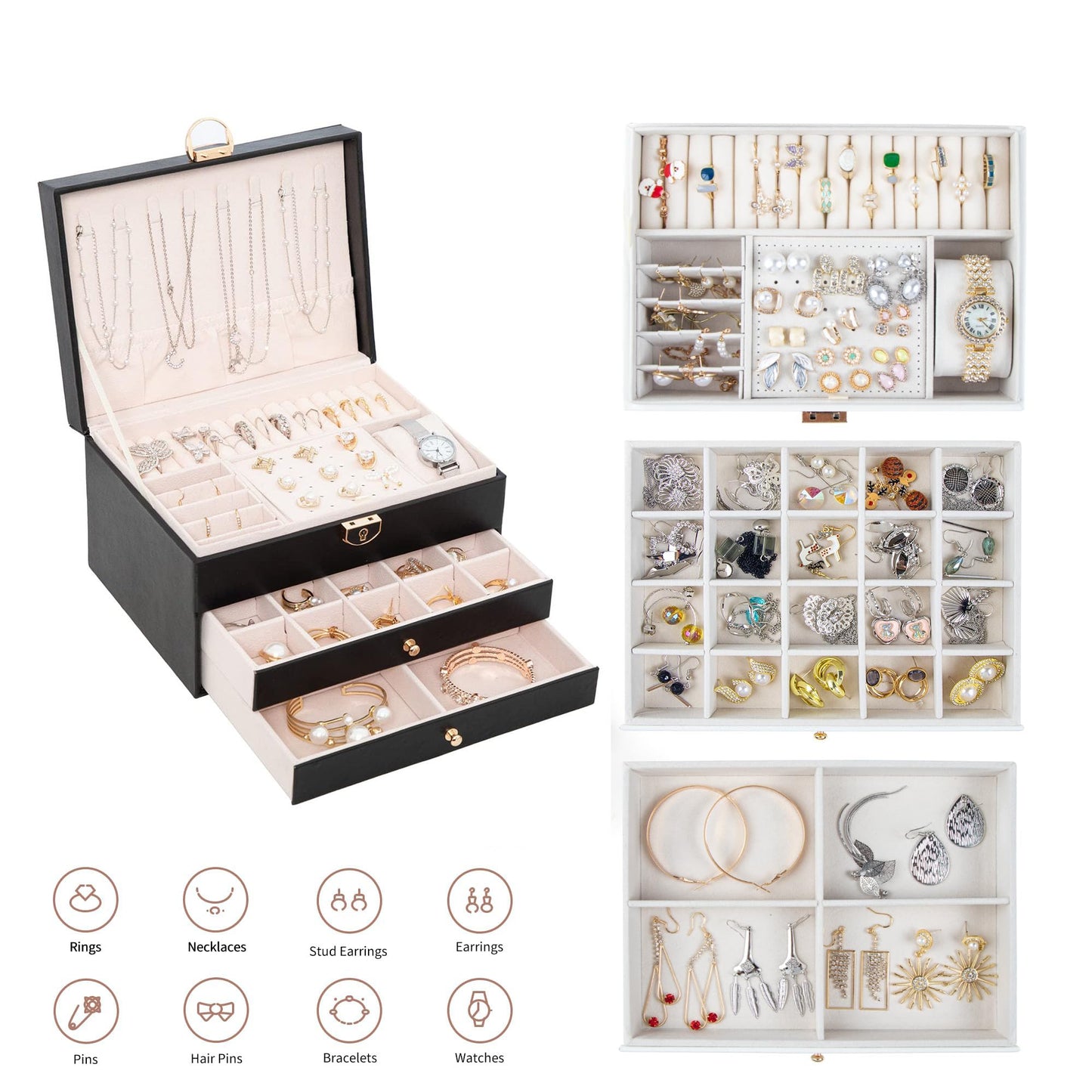 GUOER Jewelry Box for Women Girl Wife 3 Layers Large PU Leather Jewelry Organizer Storage Case with Two drawers Display for Earrings Bracelets Rings Watches (Black)