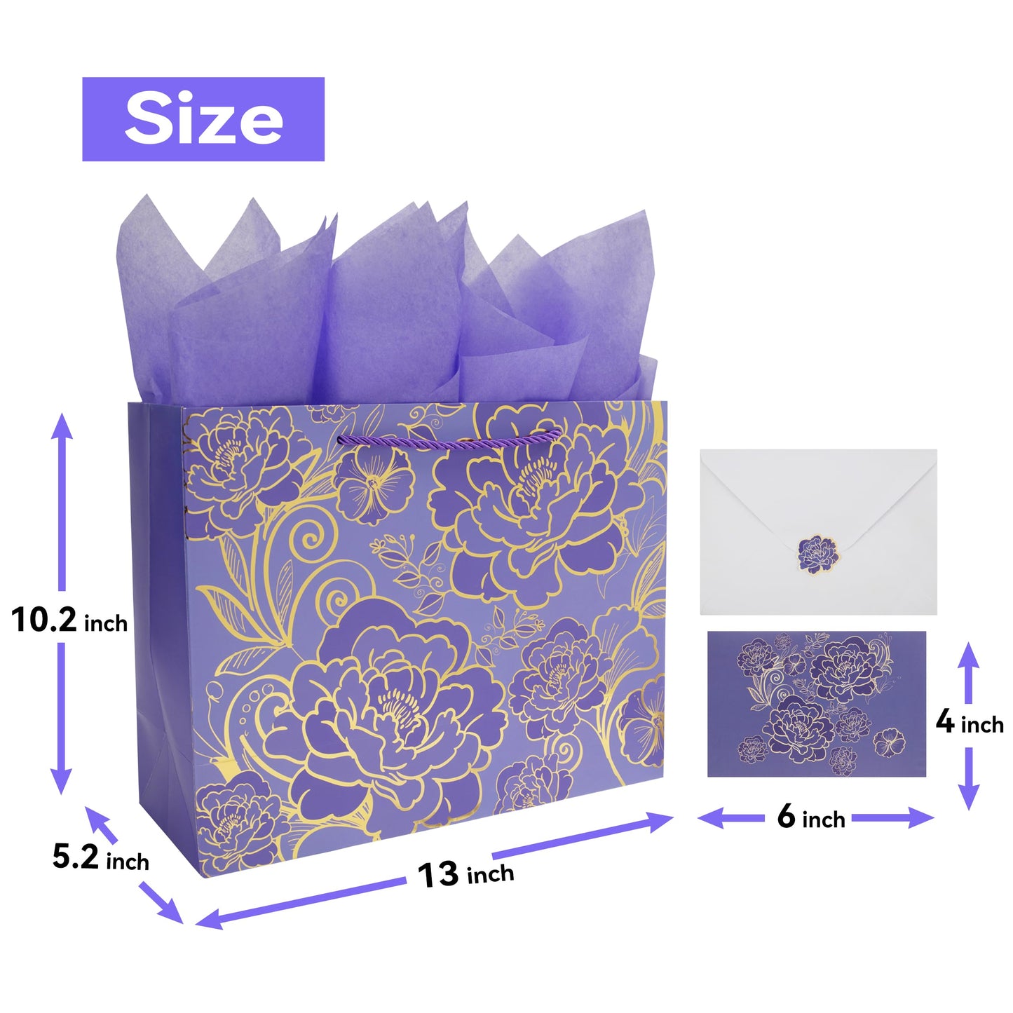 Qirrmiy 13" Large Rose Purple Gift Bag Set with Greeting Card and Tissue Paper for Women or Girls for Celebrating Birthdays, Valentine's Day, Weddings, Anniversaries, Mother's Day