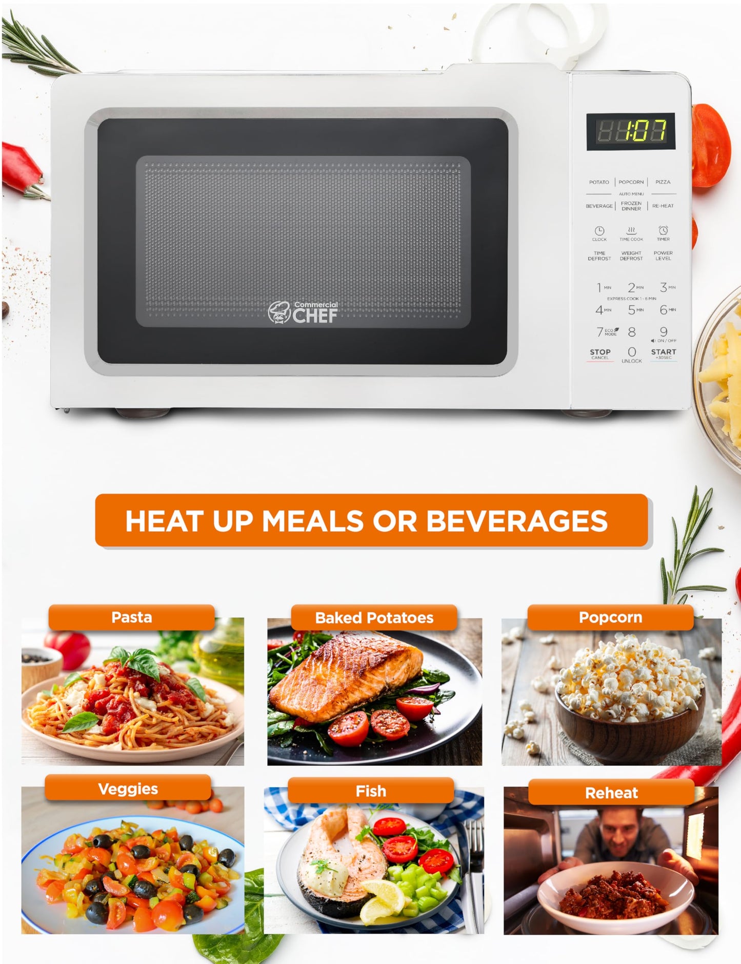 OMMERCIAL CHEF 0.7 Cubic Foot Microwave with 10 Power Levels, Small Microwave with Pull Handle, 700W Countertop up to 99 Minute Timer and Digital Display, White