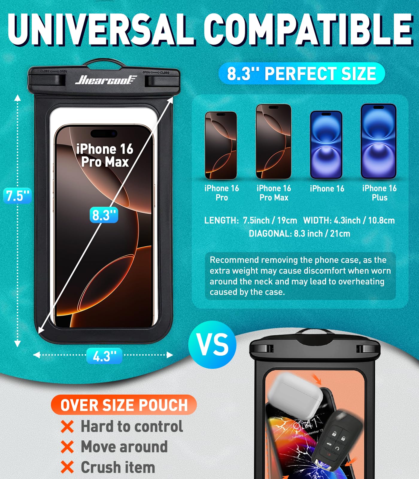 Hiearcool Waterproof Phone Pouch, Waterproof Phone Case for iPhone 16 15 14 13 Pro Max, IPX8 Cellphone Dry Bag Beach Cruise Ship Essentials 2Pack-8.3"