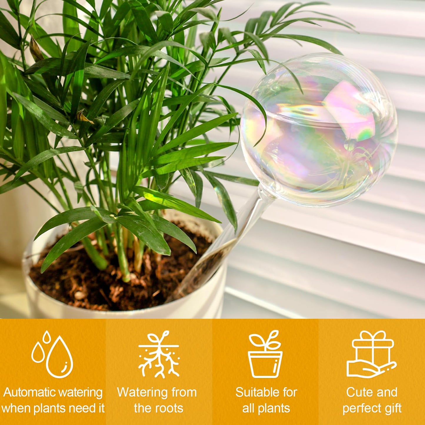 KiKiHeim Plant Watering Globes Self Watering Planter Insert System Spikes, 6.4oz/190ml Capacity Hand Blown Iridescent Clear Glass Automatic Waterer Bulbs for Outdoor Indoor Plants, 3Pcs