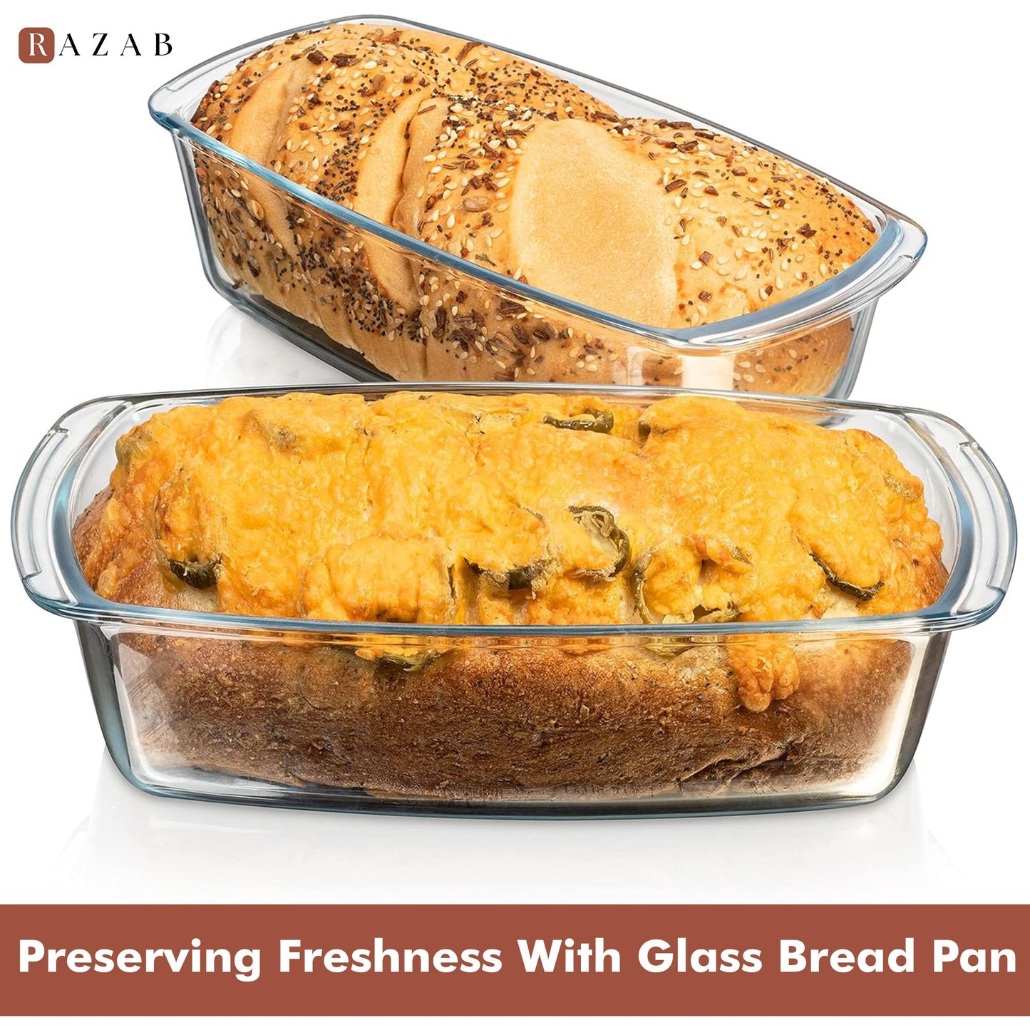 Razab LARGE 7.6 Cups/1800 ML/1.9 Qt Glass Loaf Pan with Lids (Set of 2) - Meatloaf Pan BPA free Airtight Lids Grip Handle Easy Carry, Microwave and Oven Safe - Loaf Pans For Baking Bread, Cakes