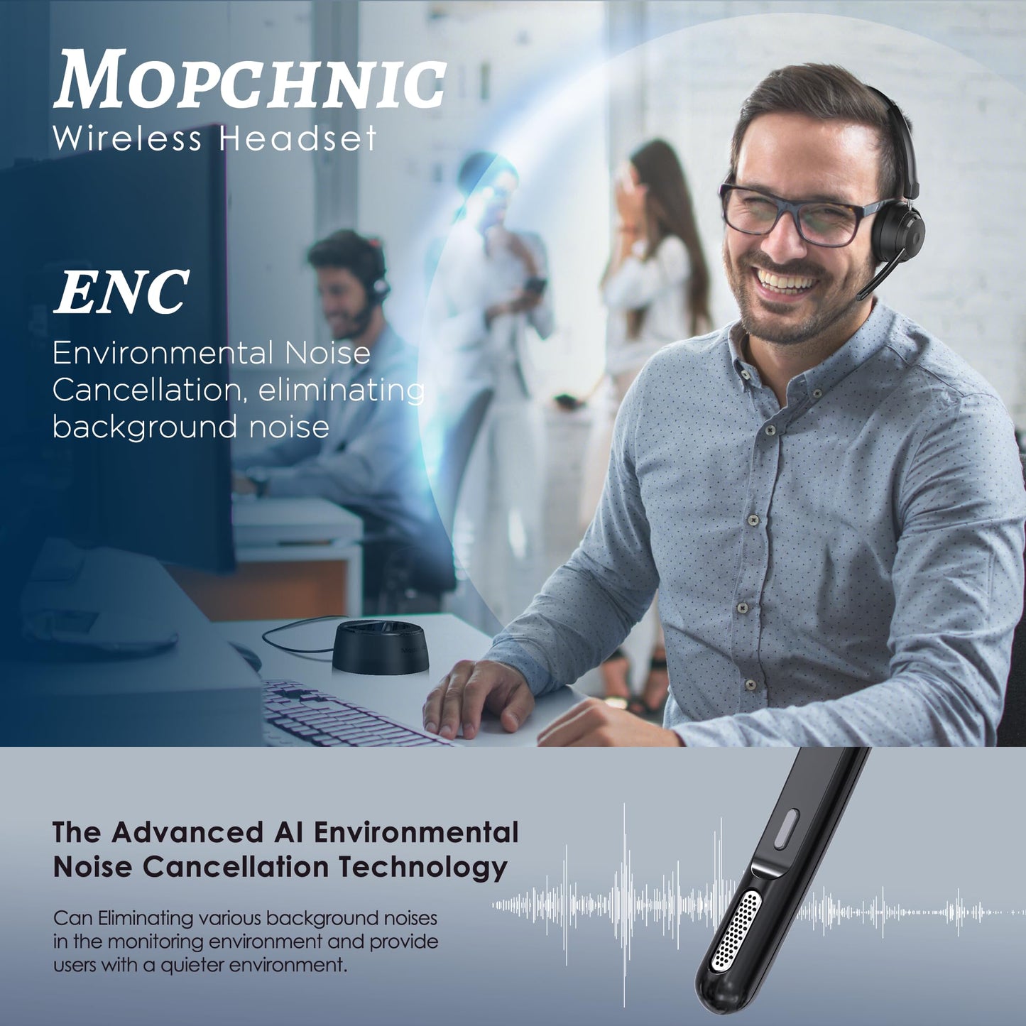 Mopchnic Bluetooth Headset, Wireless Headphone with AI Noise-Canceling Microphone for Computer, On Ear Bluetooth Headset with USB Dongle for Office Call Center Skype Zoom Meeting Online Class (Black)