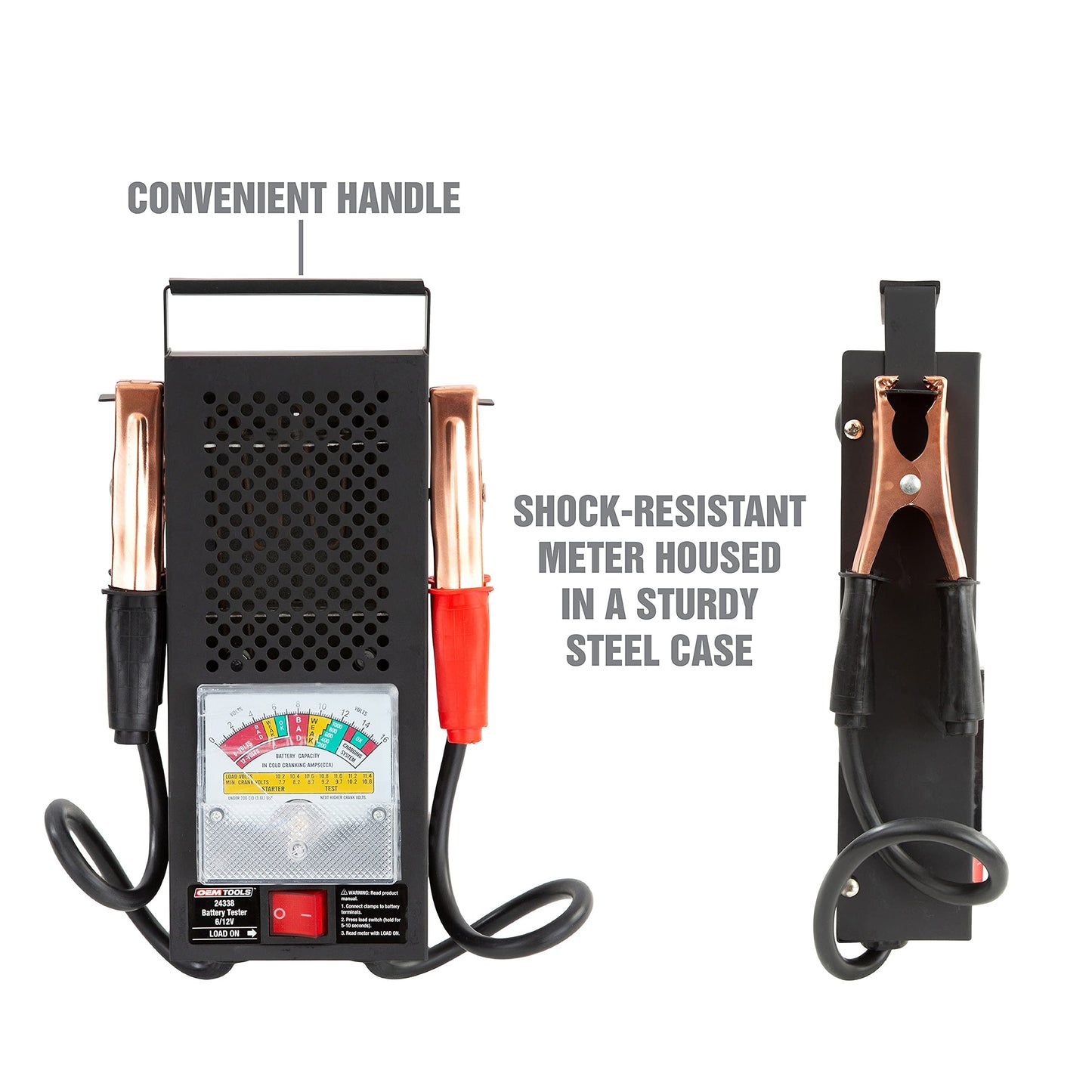 OEMTOOLS 24338 Battery Load Tester, Battery Tester 12V Automotive, Easy-to-Read Car Battery Tester, Heavy Duty Clamps, Shock Resistant Meter, Housed in Sturdy Steel Case