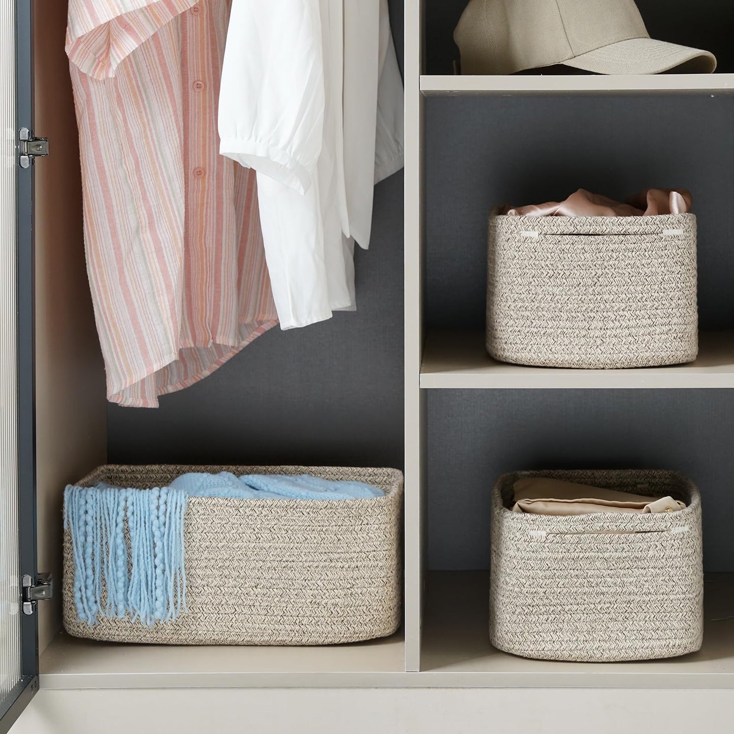 Maxuni 3-Pack Small Storage Baskets for Organizing | Woven Shelf Toy Basket | Rope Baskets for Gifts Empty | Closet Organizer Bins with Handles | Cube Decorative Box | 11.8×7.8×5.1” | Mixed brown