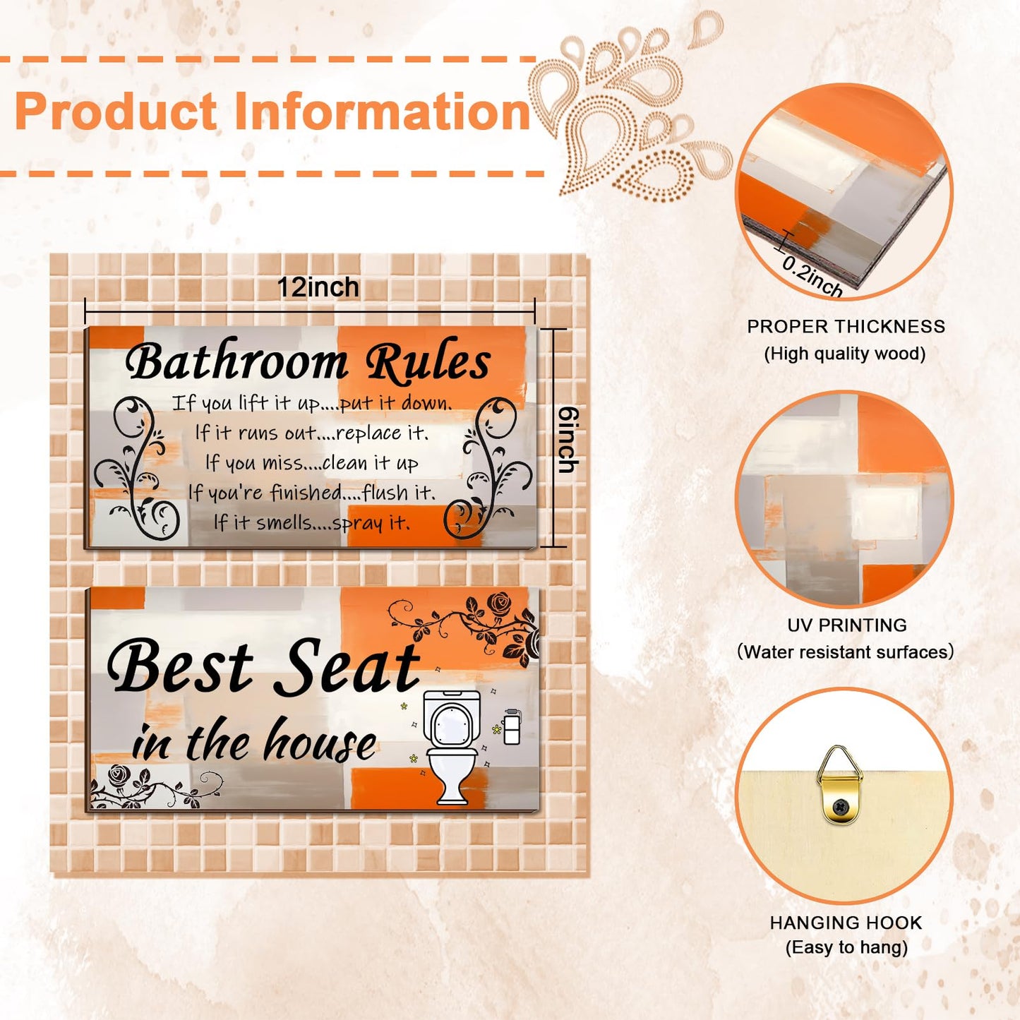 Lnond 2 Pieces Orange and Grey Bathroom Wall Decor, Abstract Wooden Hanging Bathroom Rules Wall Art, Farmhouse Toilet Rustic Bathroom Signs Decor Sets (12x 6 Inch)