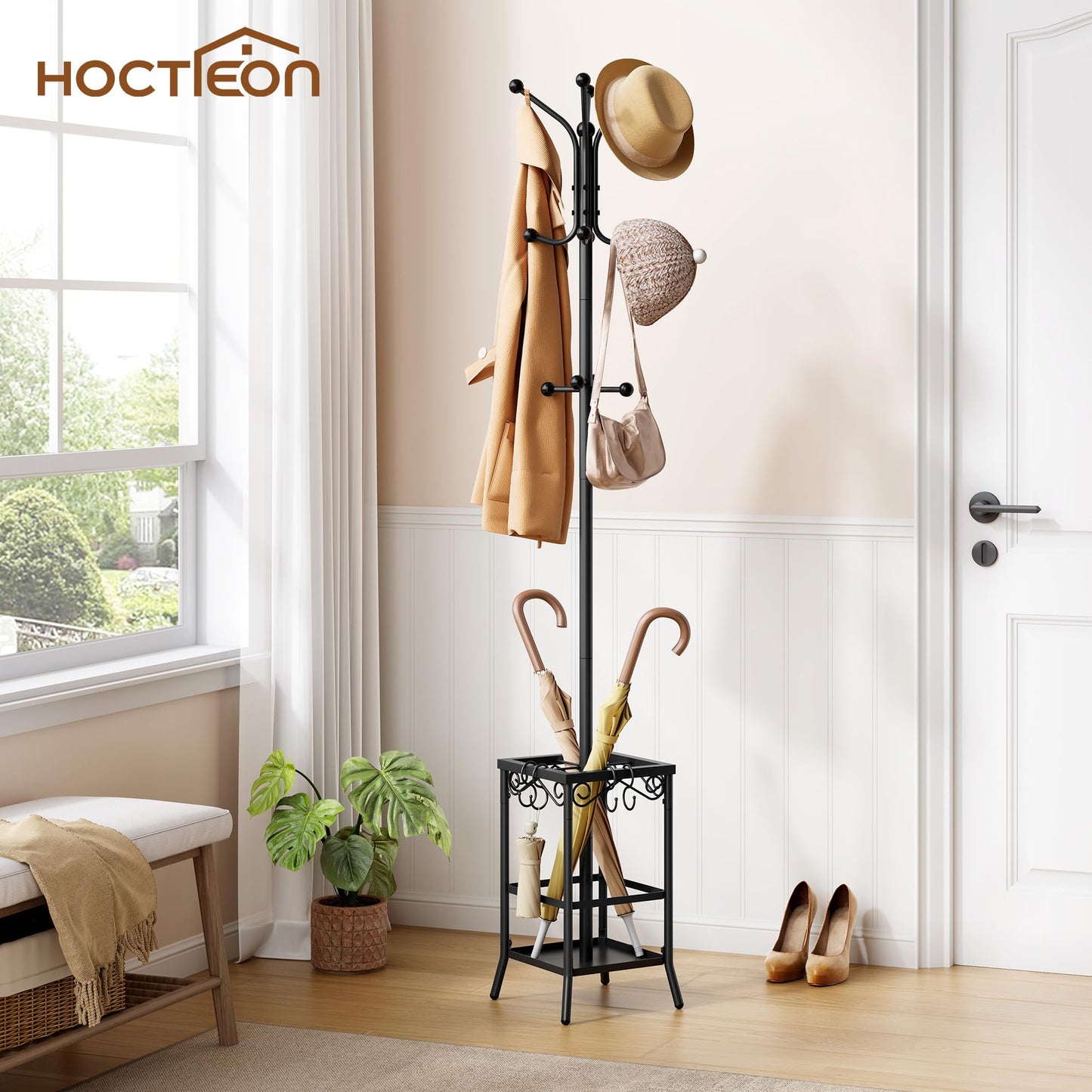 Hoctieon Coat Rack Freestanding, Entryway Hanger Stand, Umbrella Holder, Hall Tree With 12 Hooks, Floor Standing Metal Tree Stand, Black